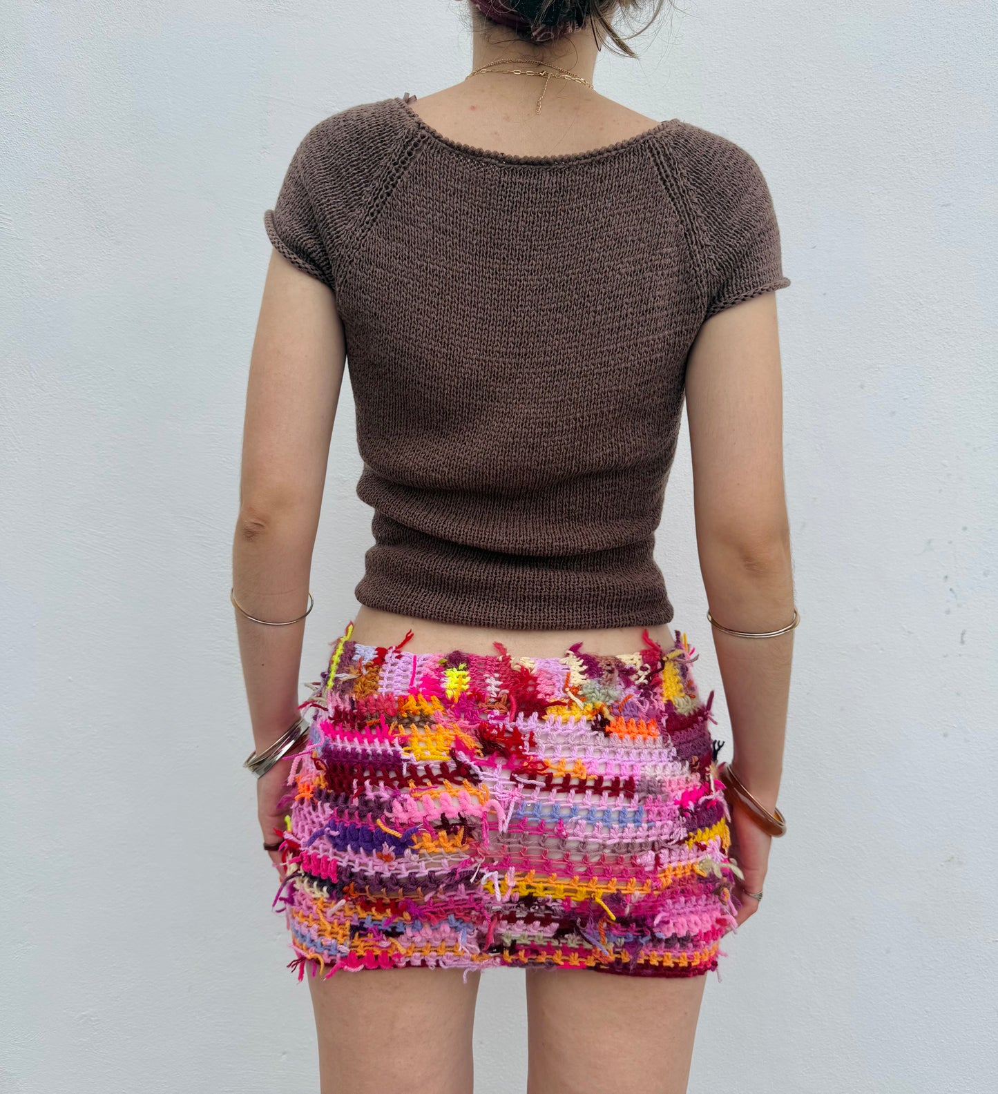 Handmade scrappy crochet mini skirt - 1 of 1, made of leftover yarn scraps (pre made in size S)