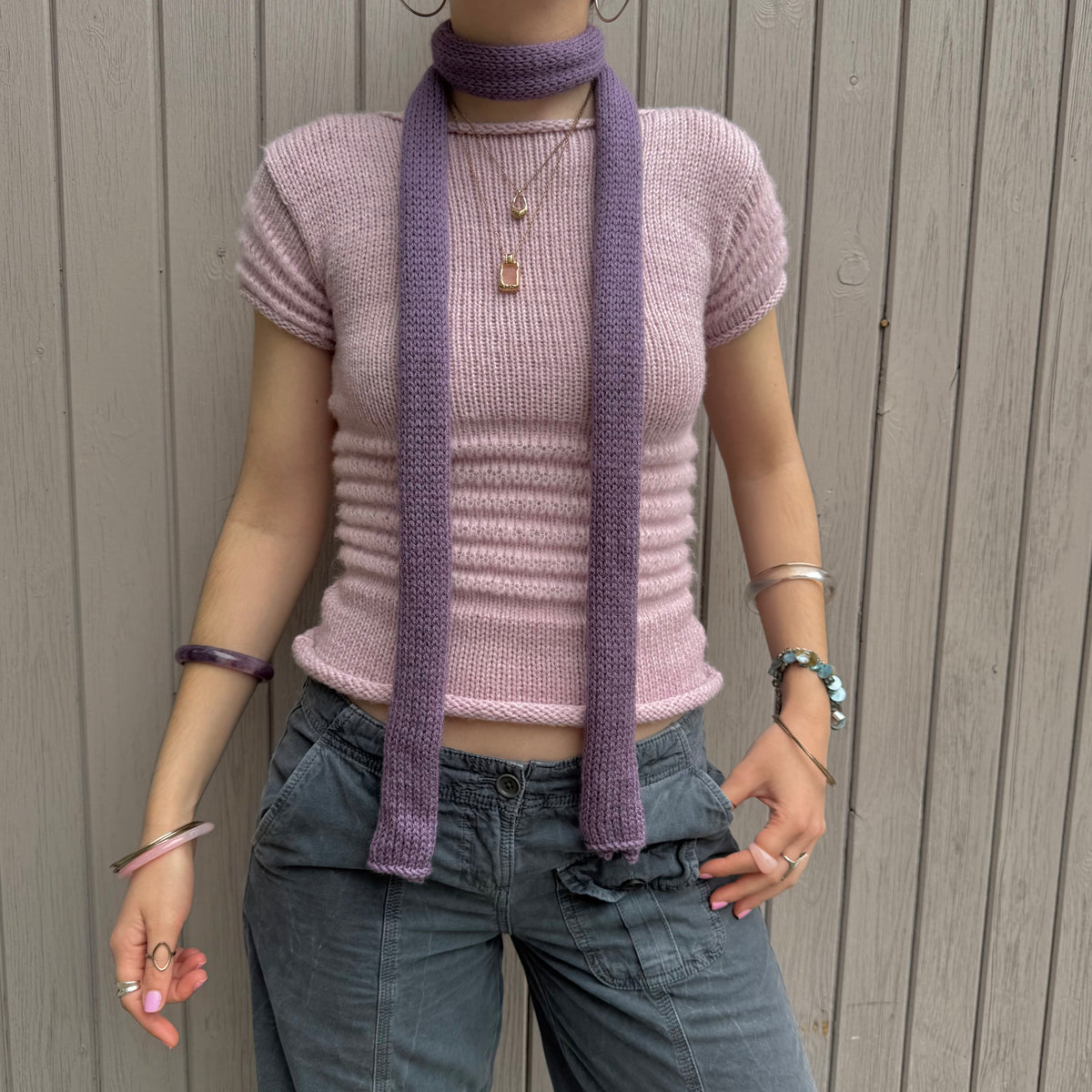 Handmade knitted skinny scarf in dusky purple