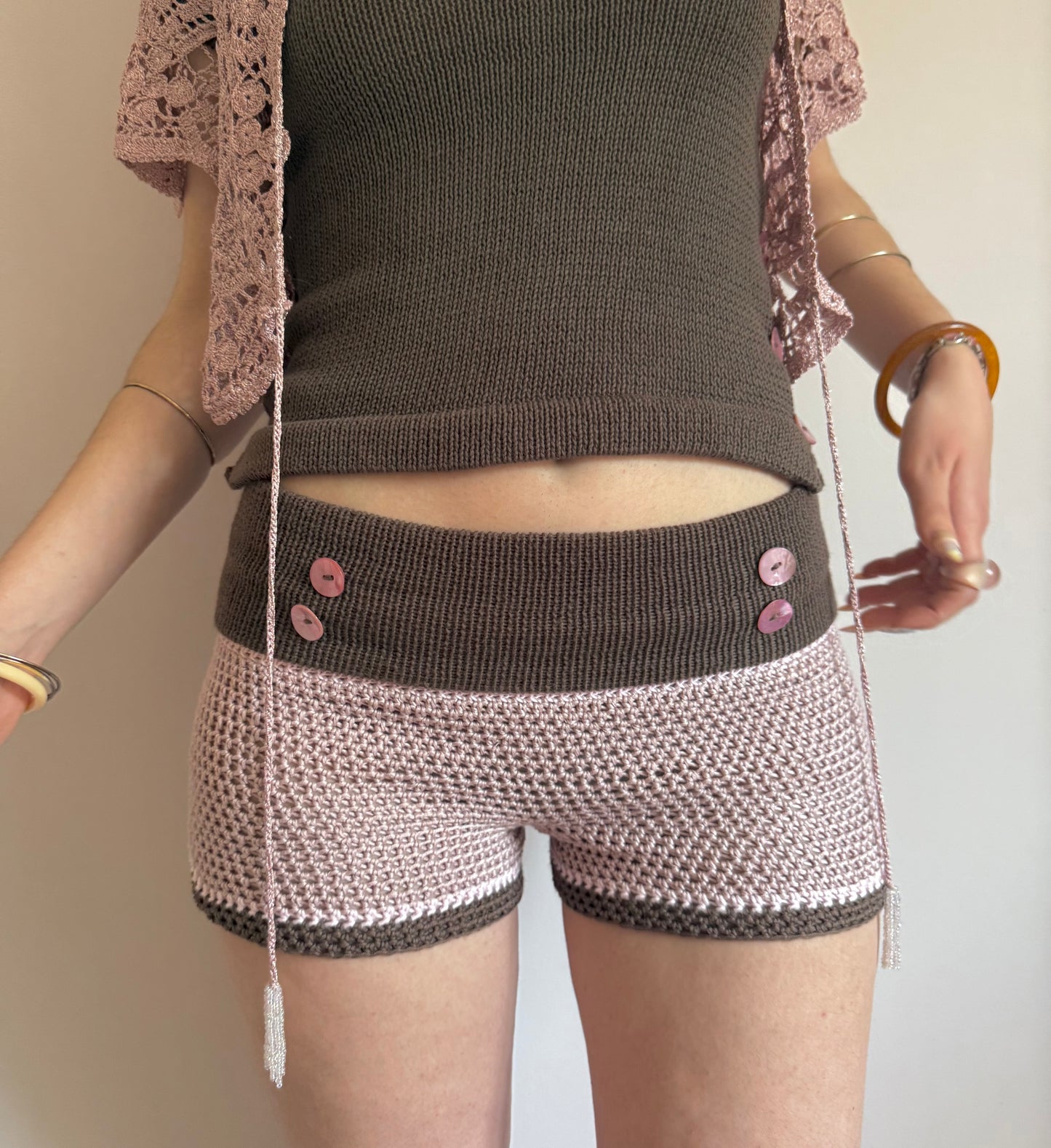 The Pearl Button Shorts in dusky pink & mocha (pre made in S)