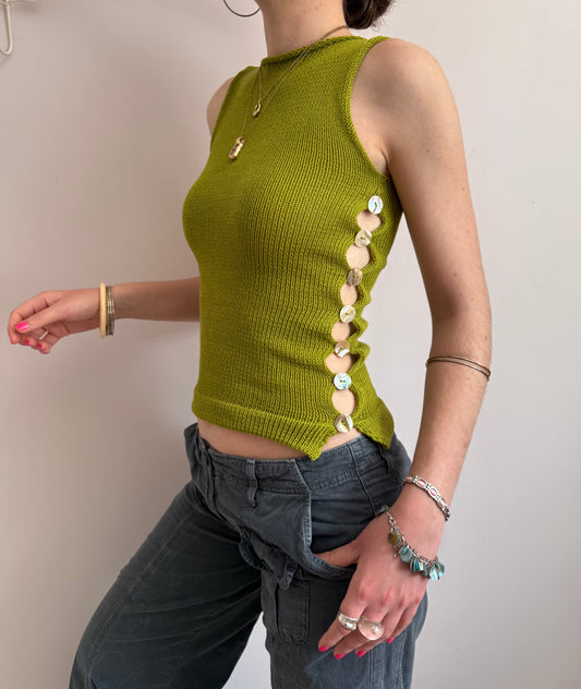 The Pearl Vest in lime green - with mother of pearl buttons