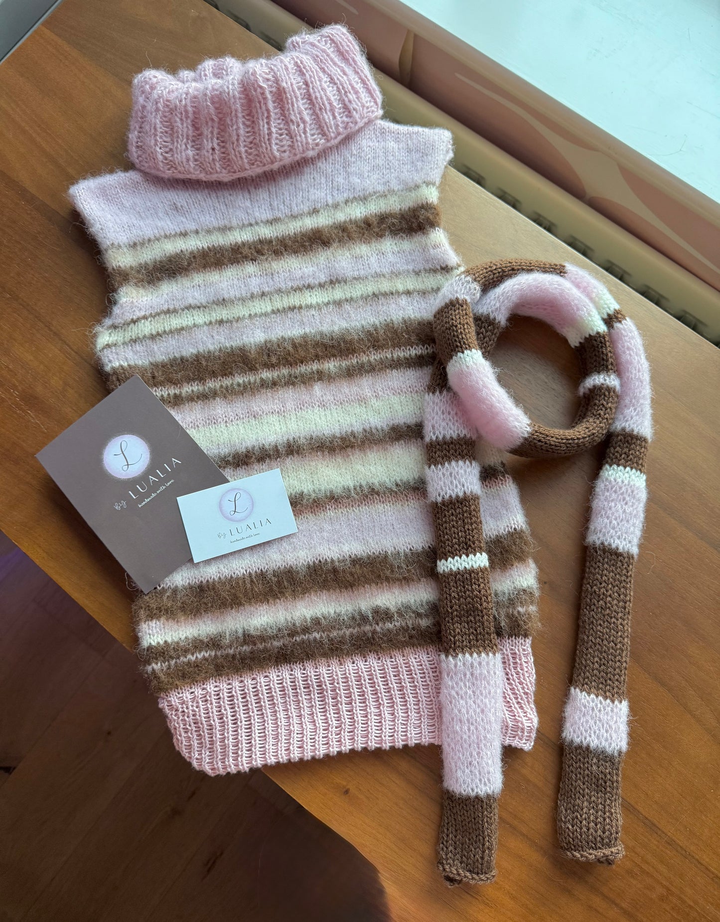 The Neapolitan Ice Cream Vest - brown, cream & baby pink fluffy striped turtleneck knit vest