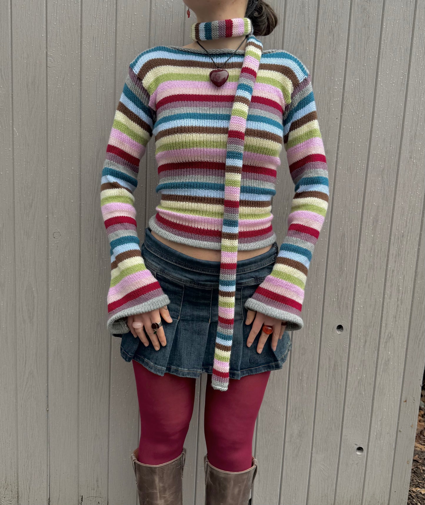 Handmade multicoloured striped knitted jumper with flared sleeves - made to order