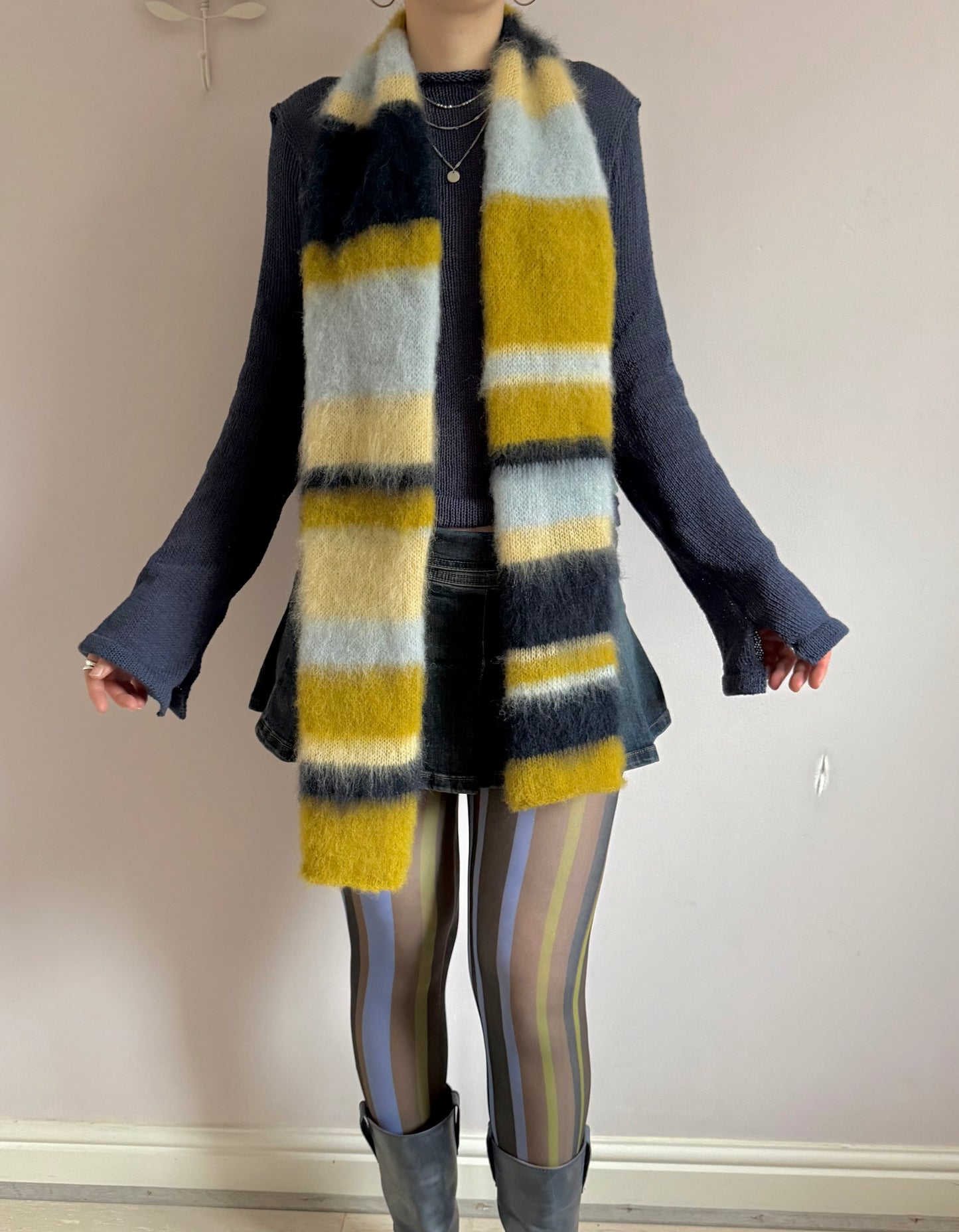 1 of 1 fluffy striped scarf - navy and chartreuse 🫐🍋‍🟩 pre made