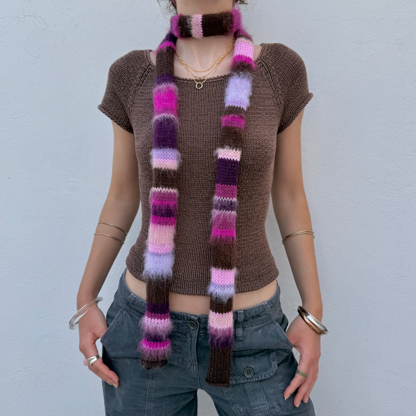Purple, pink and brown handmade knitted mohair striped skinny scarf - pre made