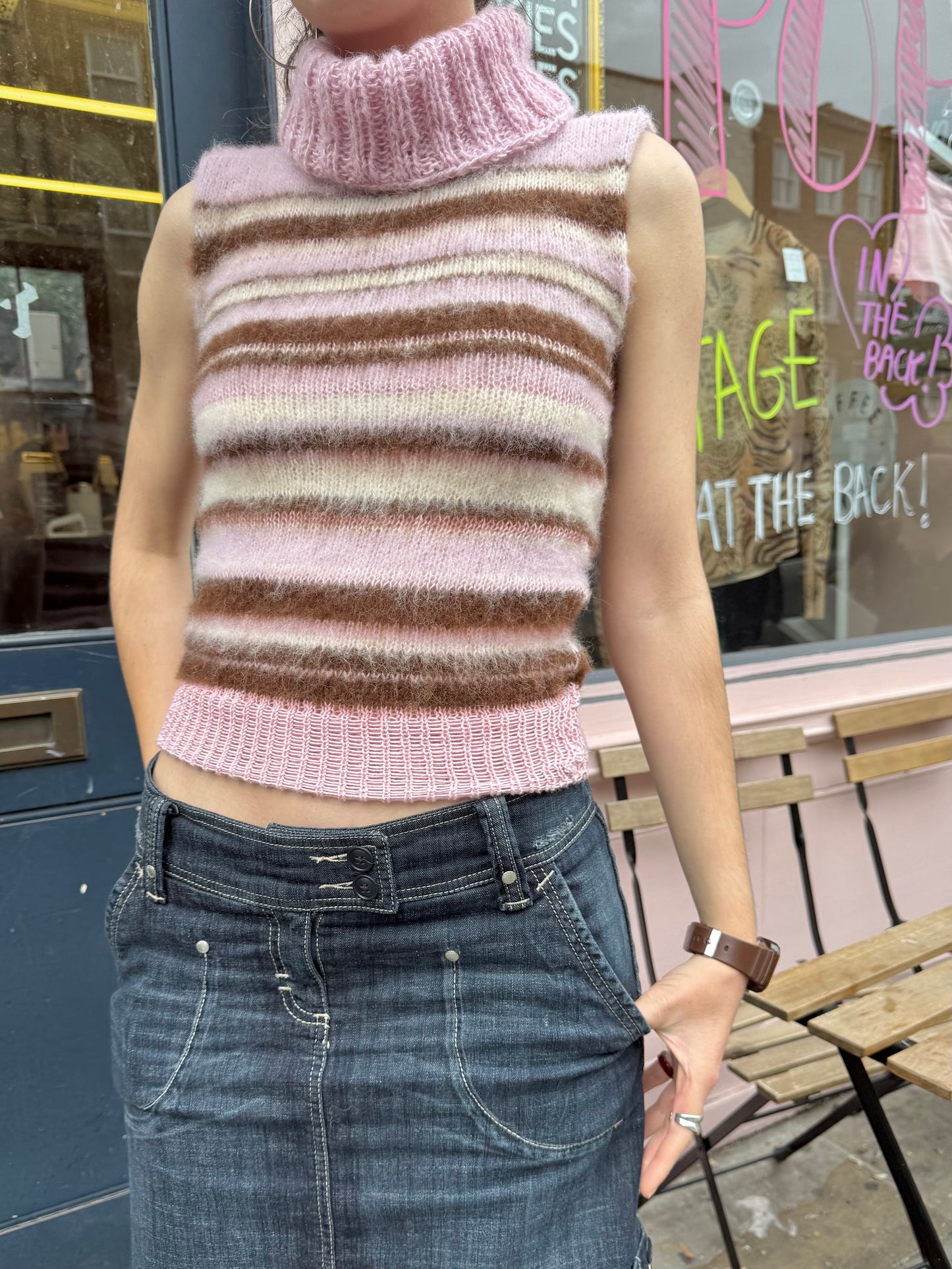 The Neapolitan Ice Cream Vest - brown, cream & baby pink fluffy striped turtleneck knit vest