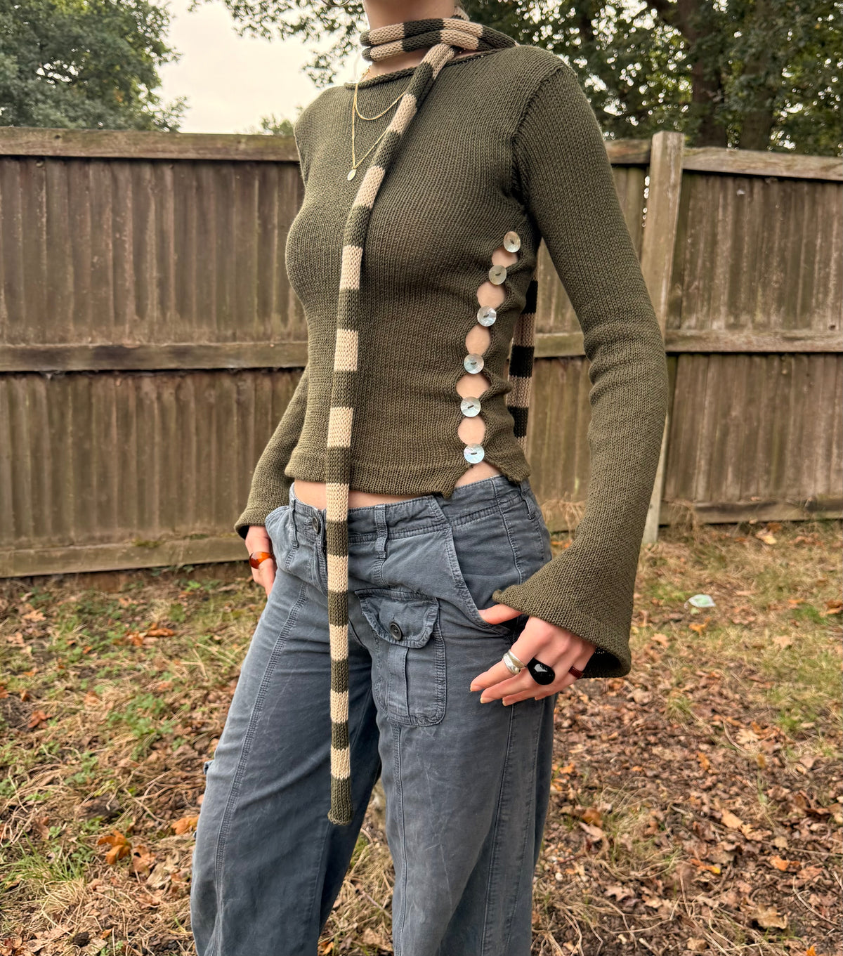 Pearl Long Sleeve in khaki green - handmade knit jumper with mother of pearl buttons (pre made in S)