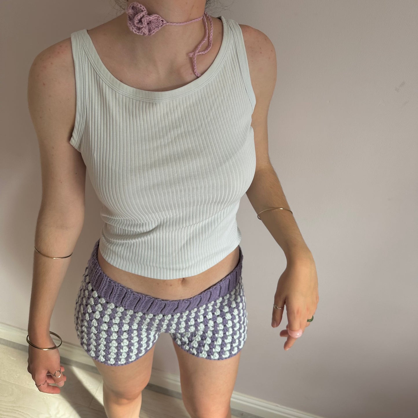 Handmade gingham crochet shorts in purple and duck egg blue (pre made in L)