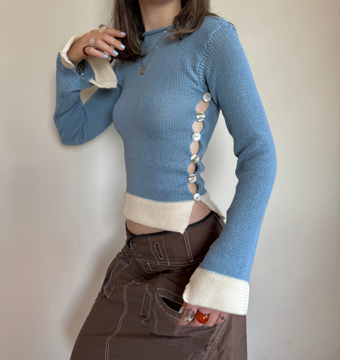 Colour block Pearl long sleeve in dusty blue & cream - 1 of 1 (pre made in S)