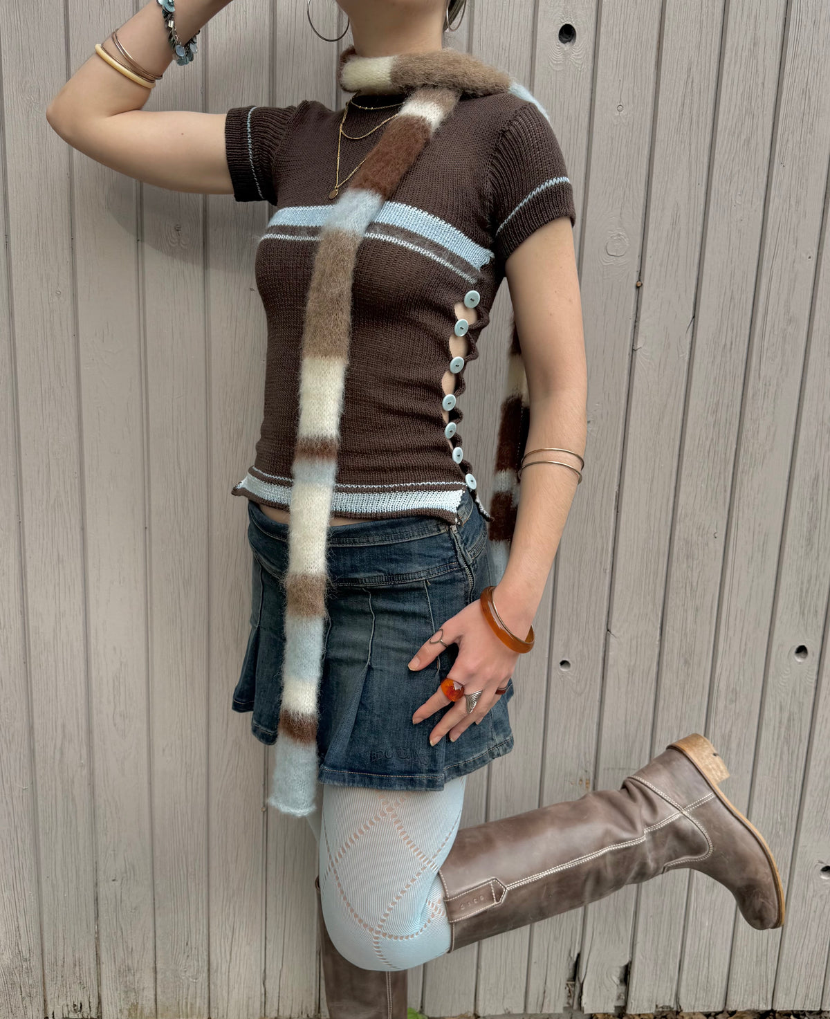 Fluffy striped knit scarf - Baby Blue, Cream & Brown (pre made in skinny width)