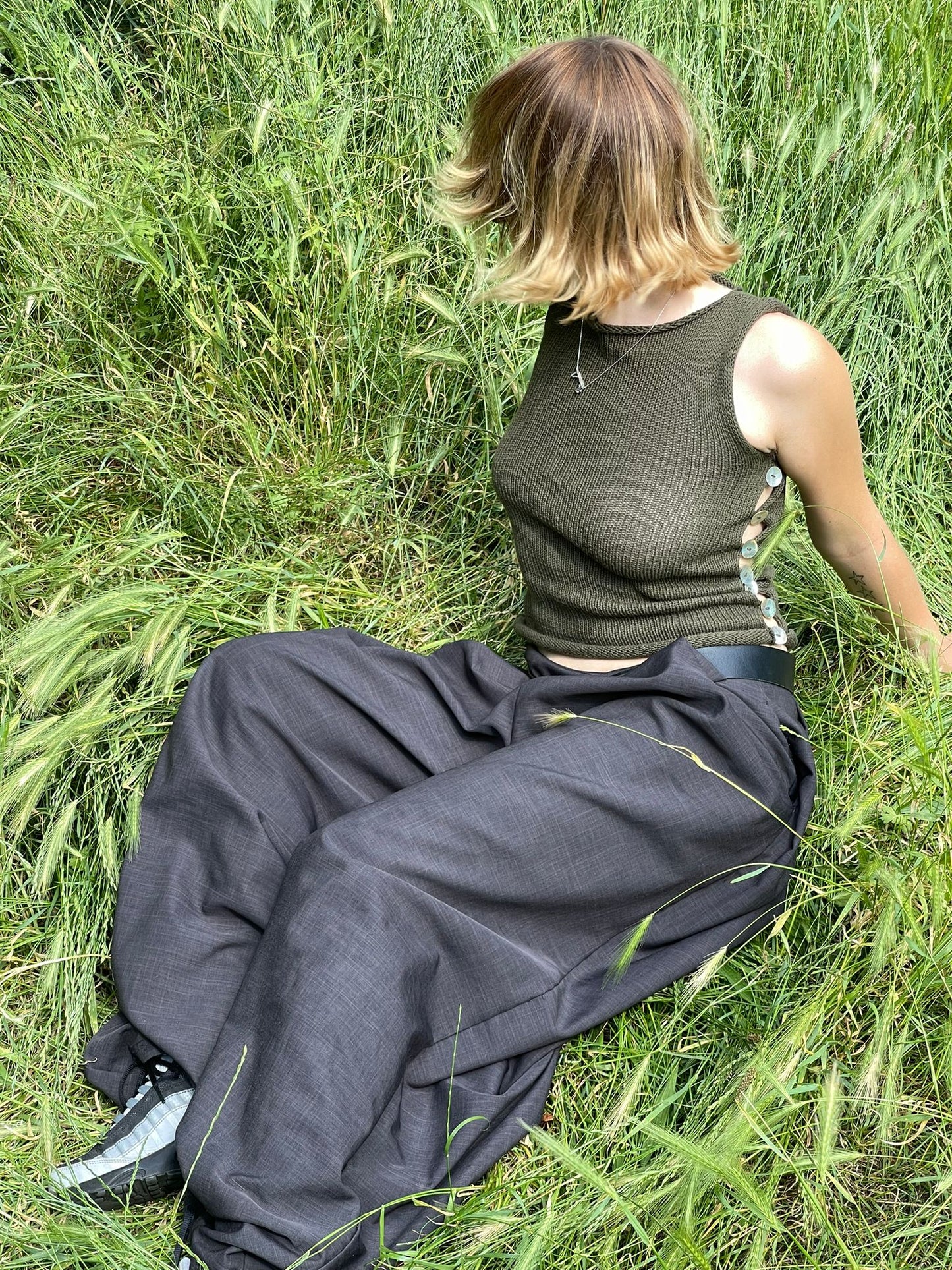The Pearl Vest in khaki green - choose from 2 design options (pre-made with buttons on both sides in S)