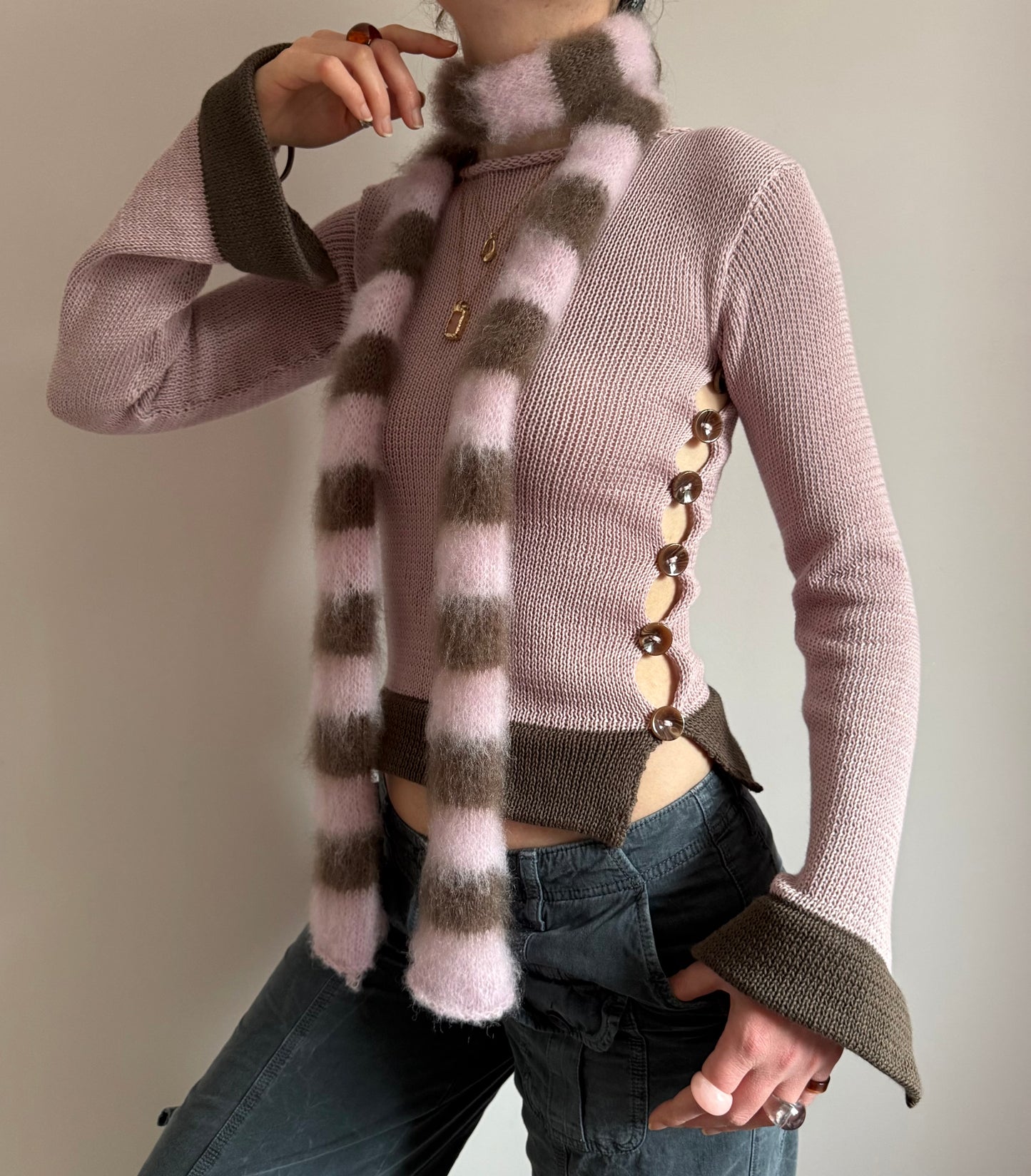 Pink and brown fluffy striped scarf - choose full width or skinny 🌸🤎 pre made
