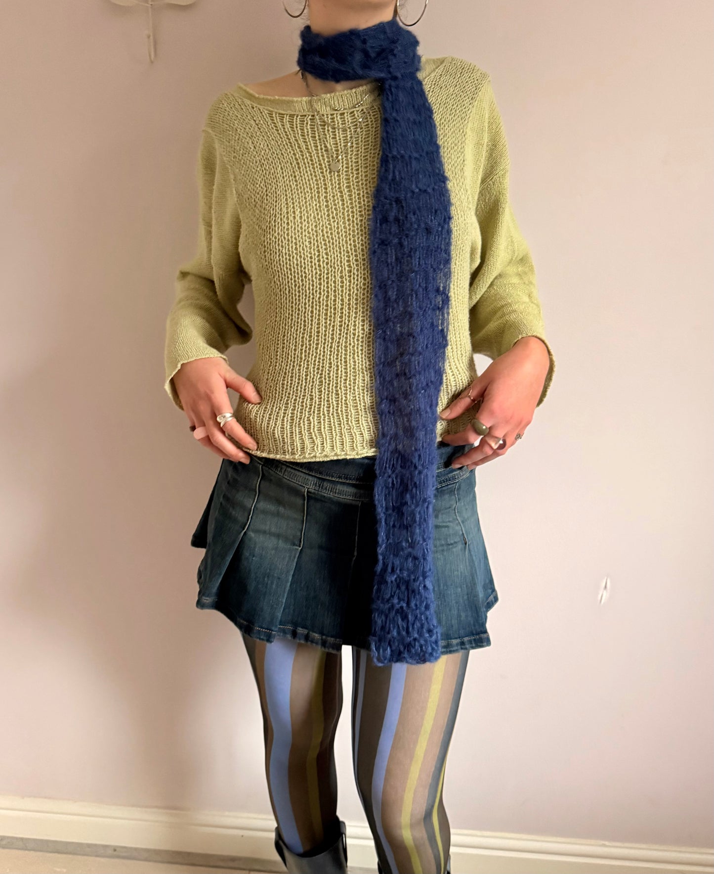 Handmade mohair fishnet knitted scarf in navy blue