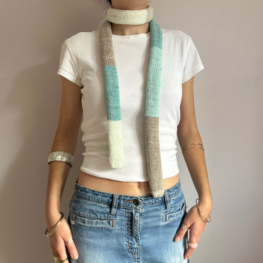 Handmade cotton knitted colour block skinny scarf in baby blue, cream and beige