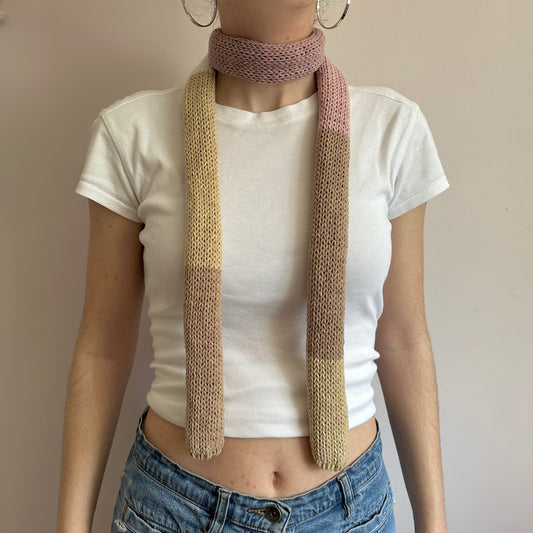 Handmade cotton knitted colour block skinny scarf in beige and dusky pink