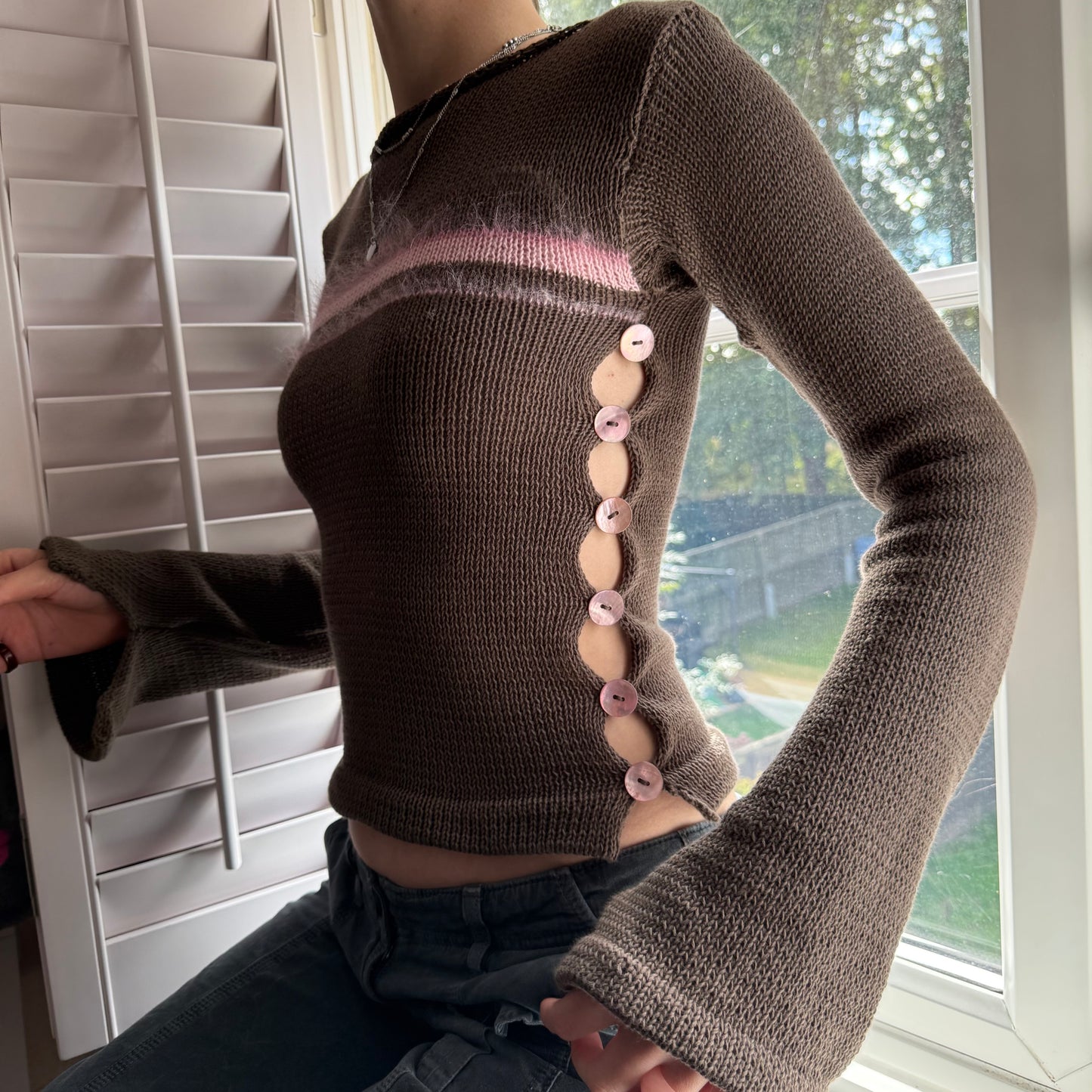 Pearl Long Sleeve in mocha - handmade striped knit jumper with pink mother of pearl buttons