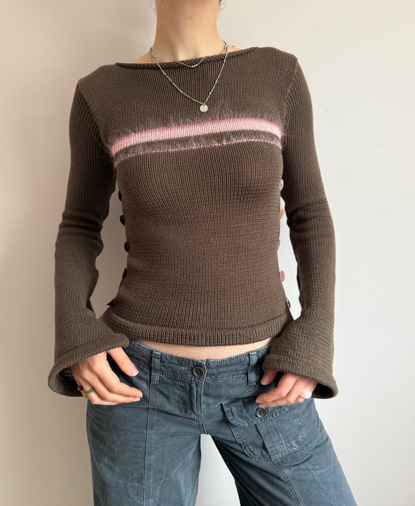 Pearl Long Sleeve in mocha - handmade striped knit jumper with pink mother of pearl buttons