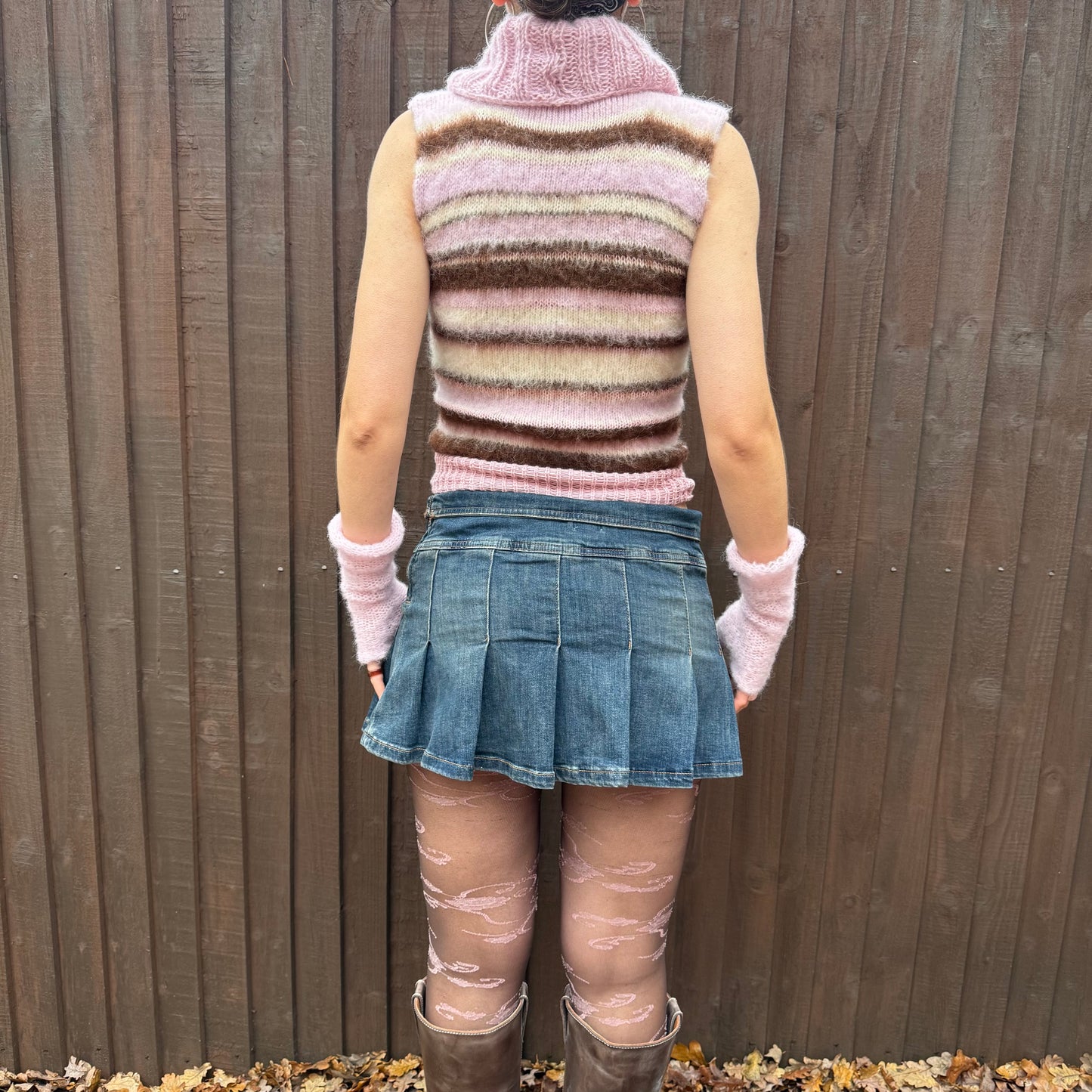 The Neapolitan Ice Cream Vest - brown, cream & baby pink fluffy striped turtleneck knit vest