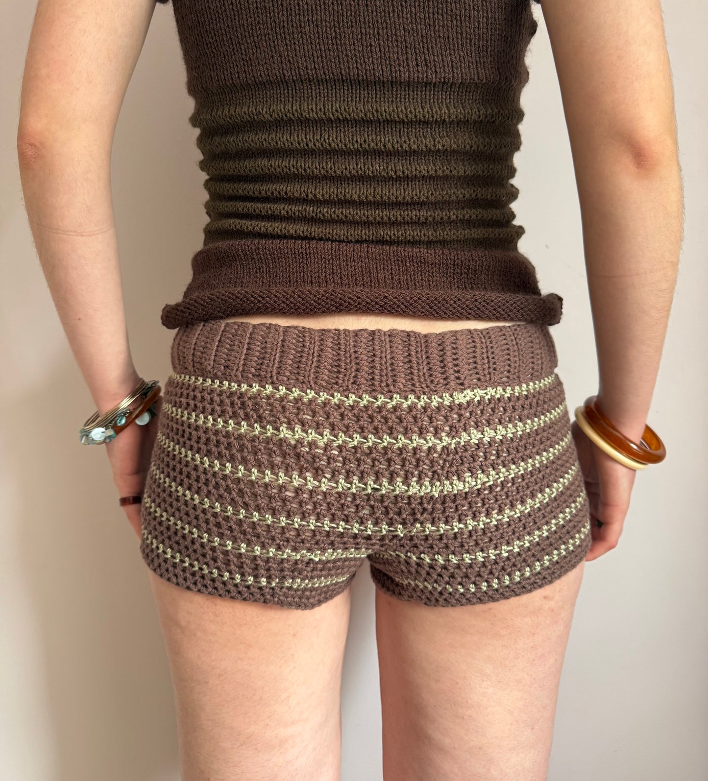 1 of 1 brown & green striped cotton crochet button shorts (pre made in size XS)