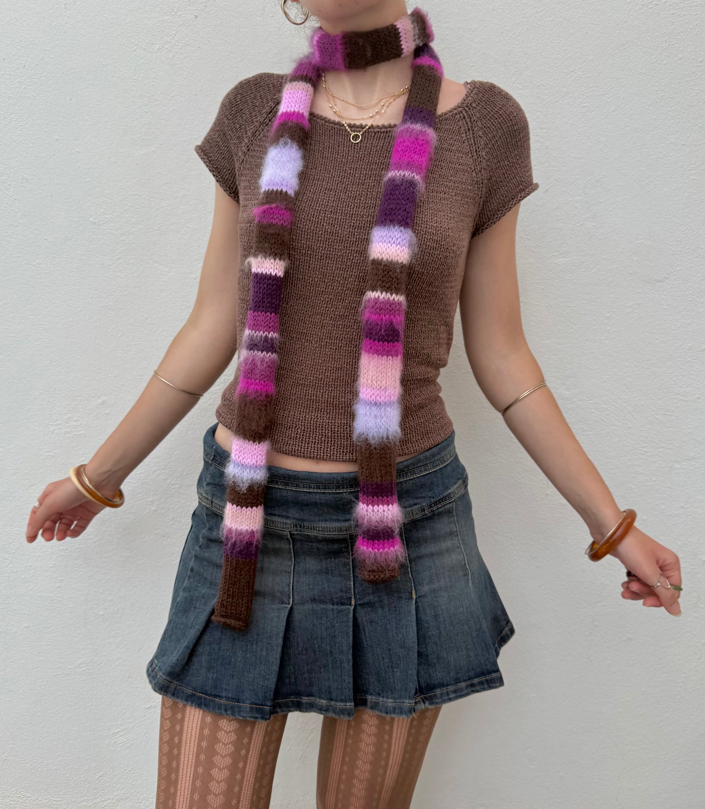 Purple, pink and brown handmade knitted mohair striped skinny scarf - pre made