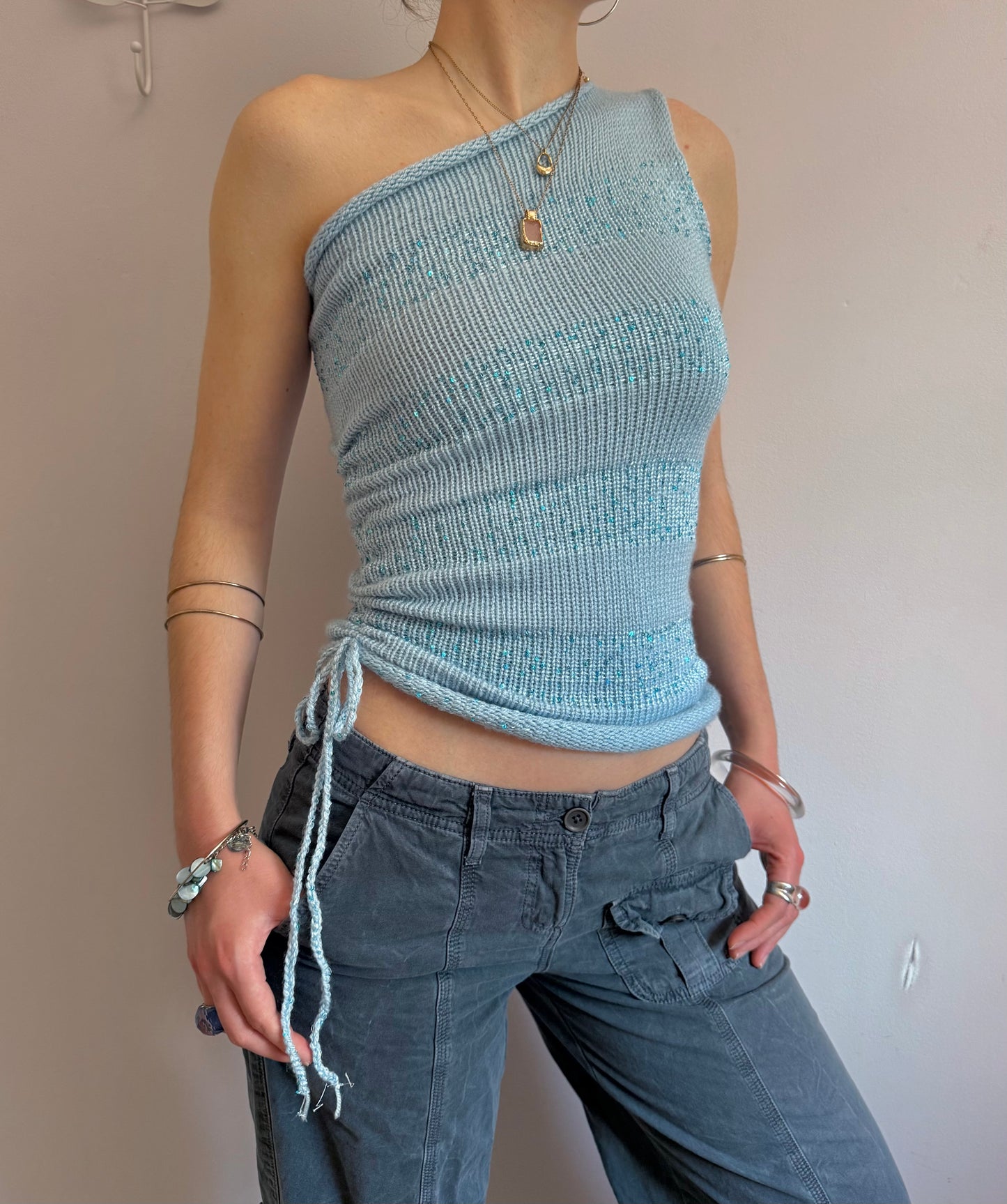 Handmade sparkly draped one shoulder knit top in baby blue (pre made in S)