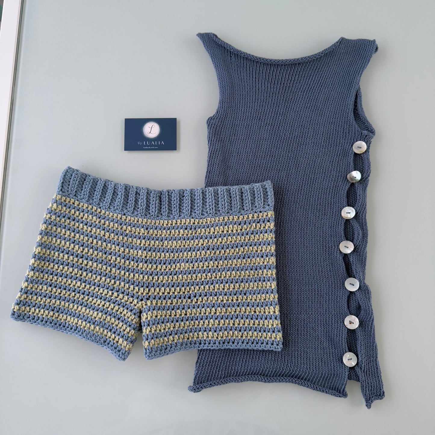Handmade denim blue and green striped cotton crochet shorts (pre made in size S)