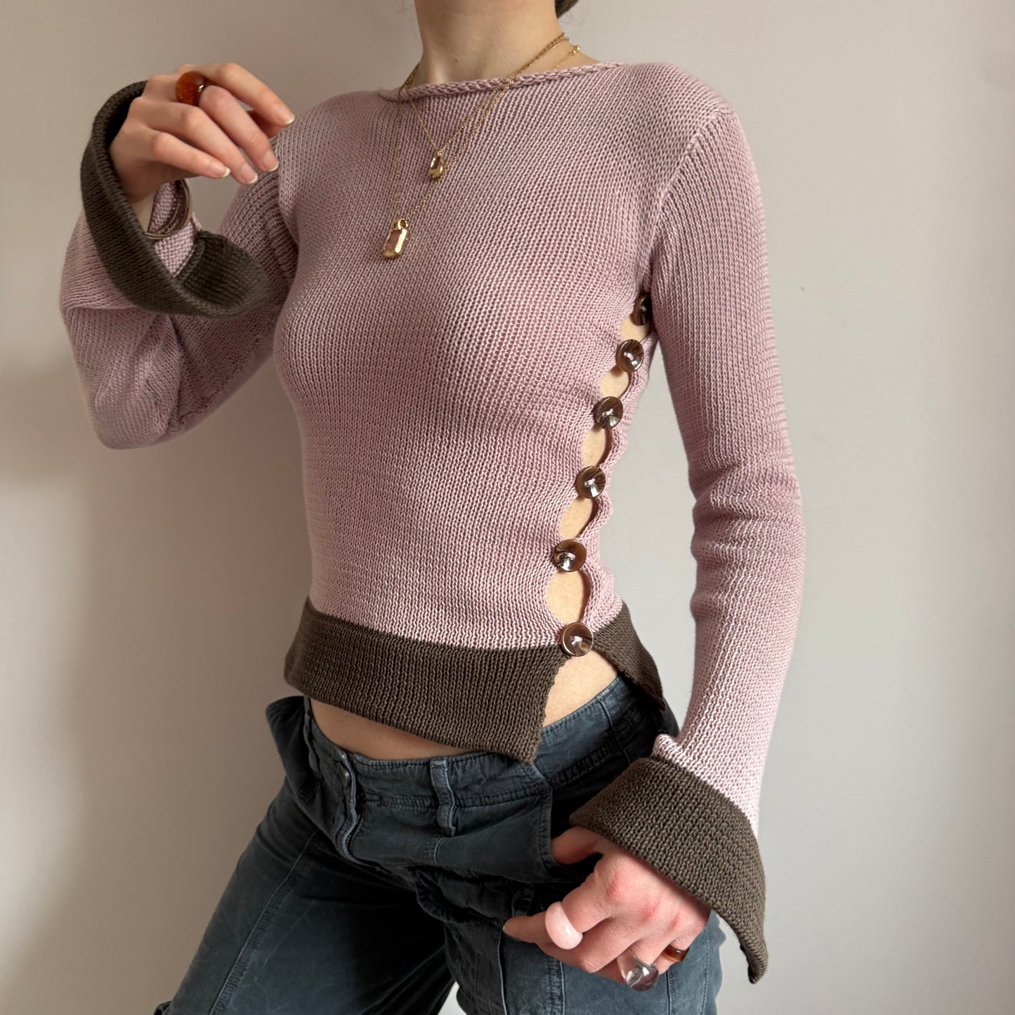 Colour block Pearl long sleeve in dusky pink and mocha