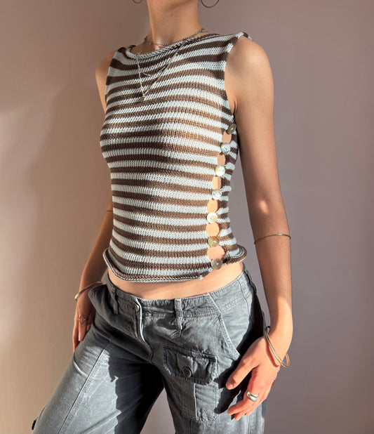 Handmade knitted Pearl Vest - baby blue and mocha striped (pre made in size S).