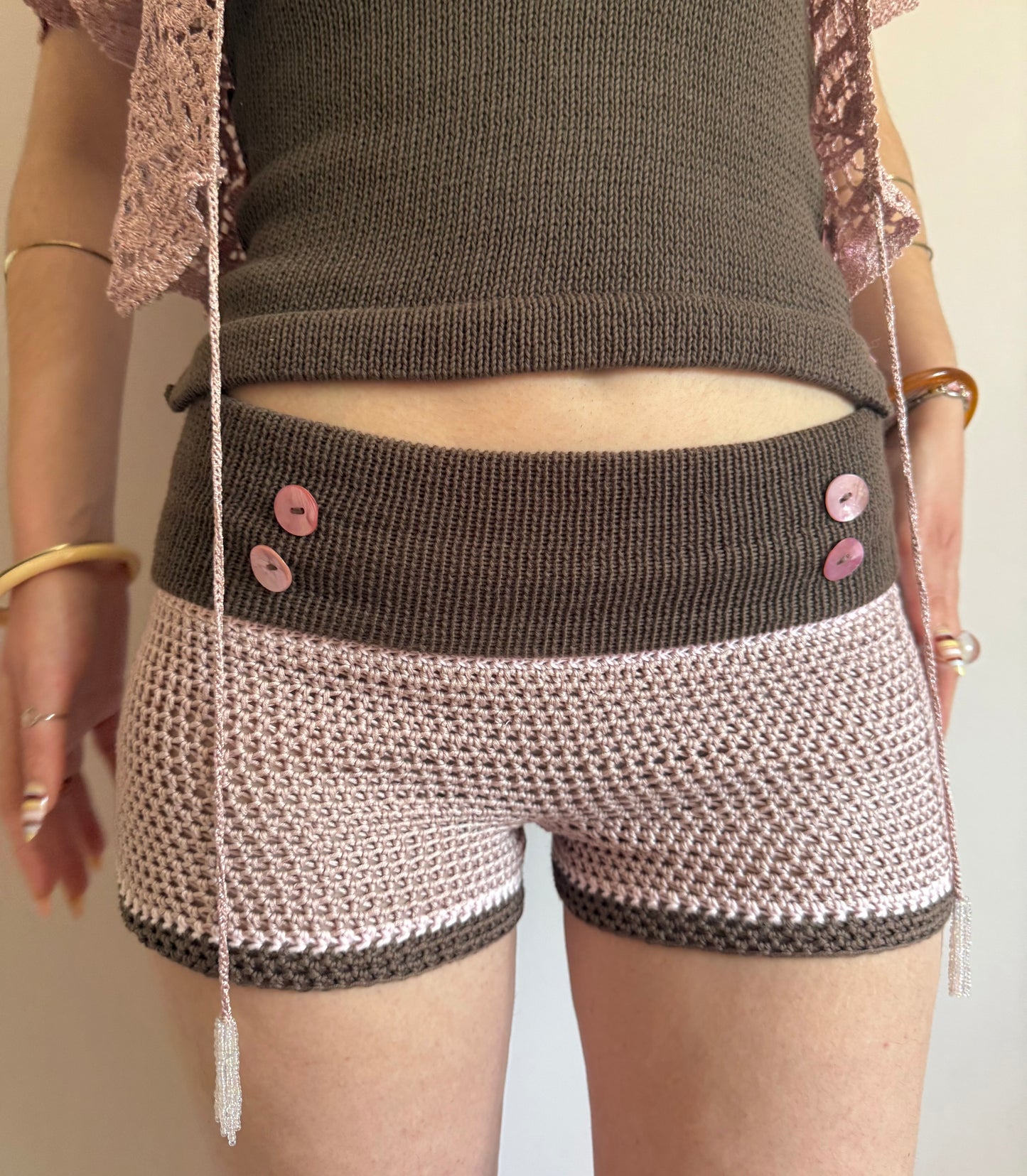 The Pearl Button Shorts in dusky pink & mocha (pre made in S)