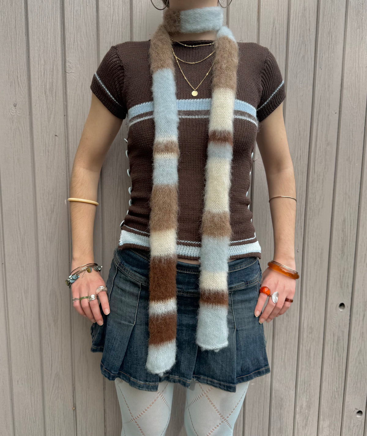 Fluffy striped knit scarf - Baby Blue, Cream & Brown (pre made in skinny width)