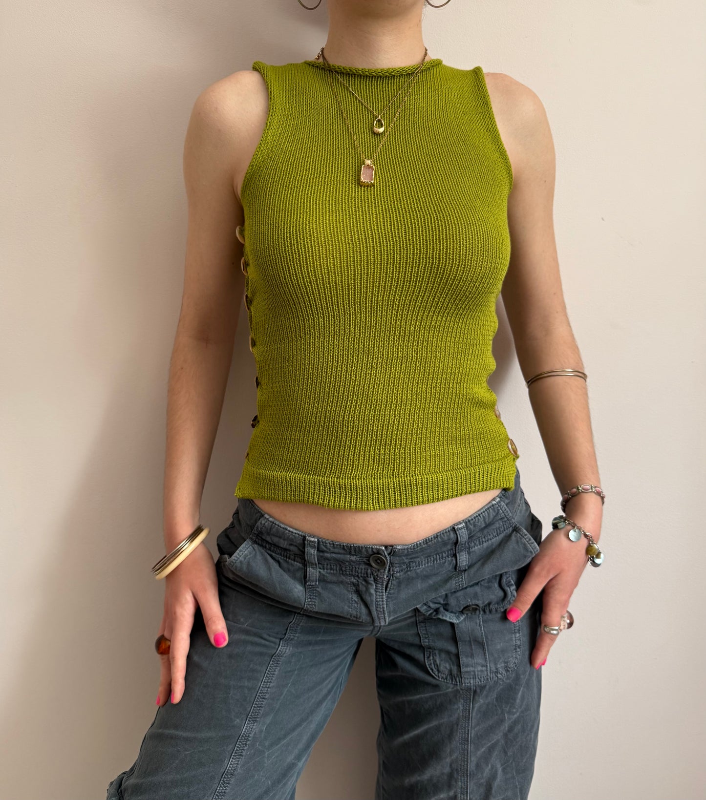 The Pearl Vest in lime green - with mother of pearl buttons