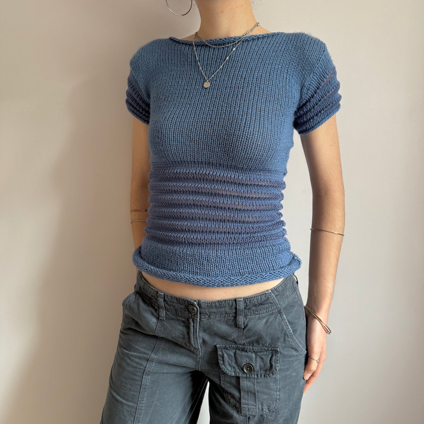 The Ripple Tee - handmade denim blue shirred top