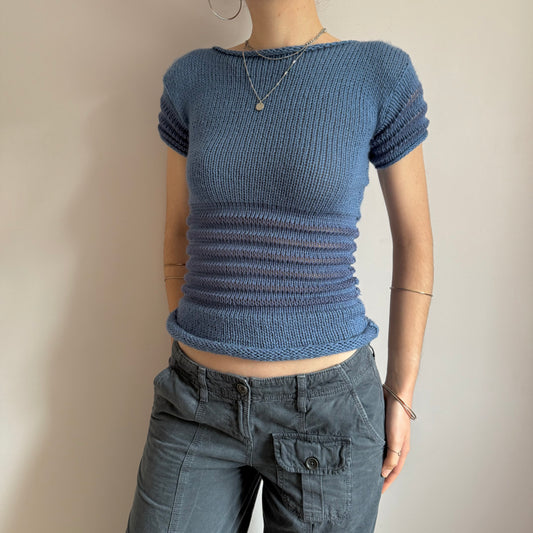 The Ripple Tee - handmade denim blue shirred top