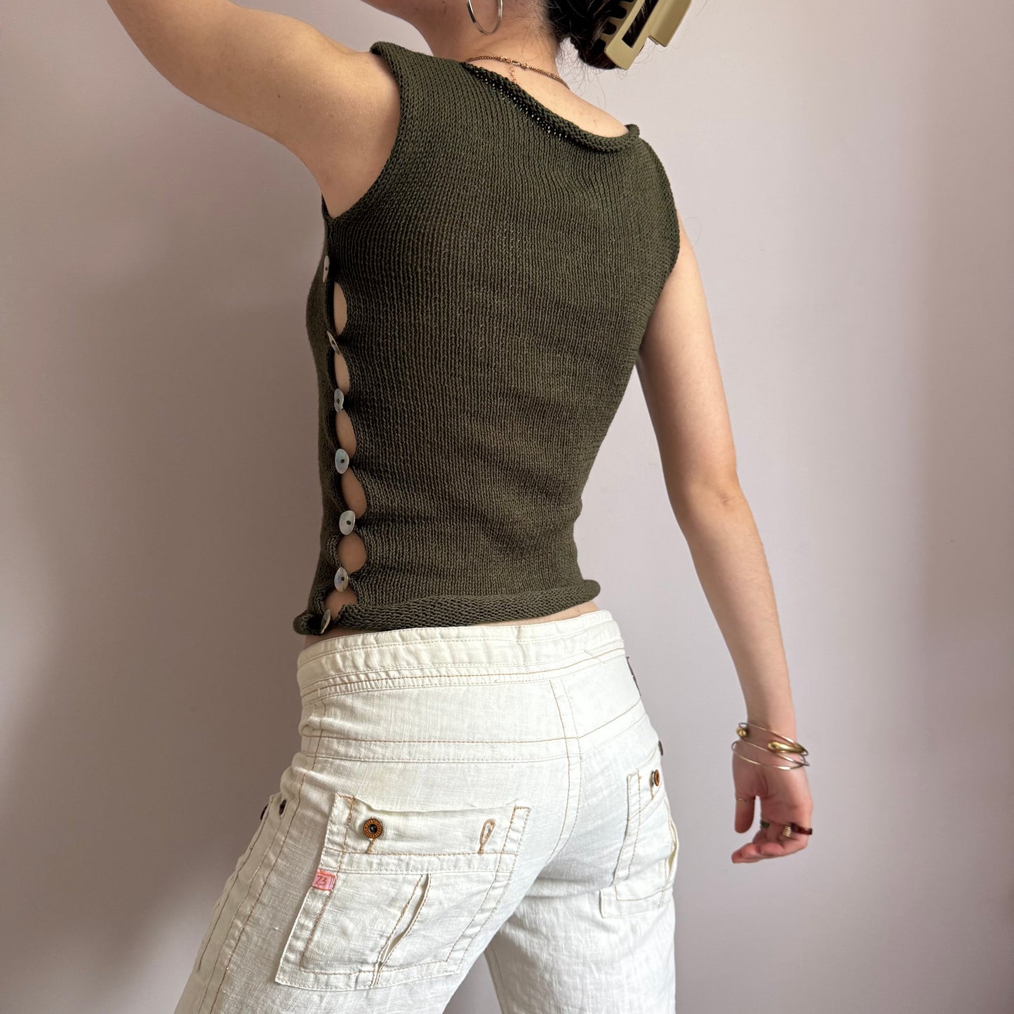 The Pearl Vest in khaki green - choose from 2 design options (pre-made with buttons on both sides in S)