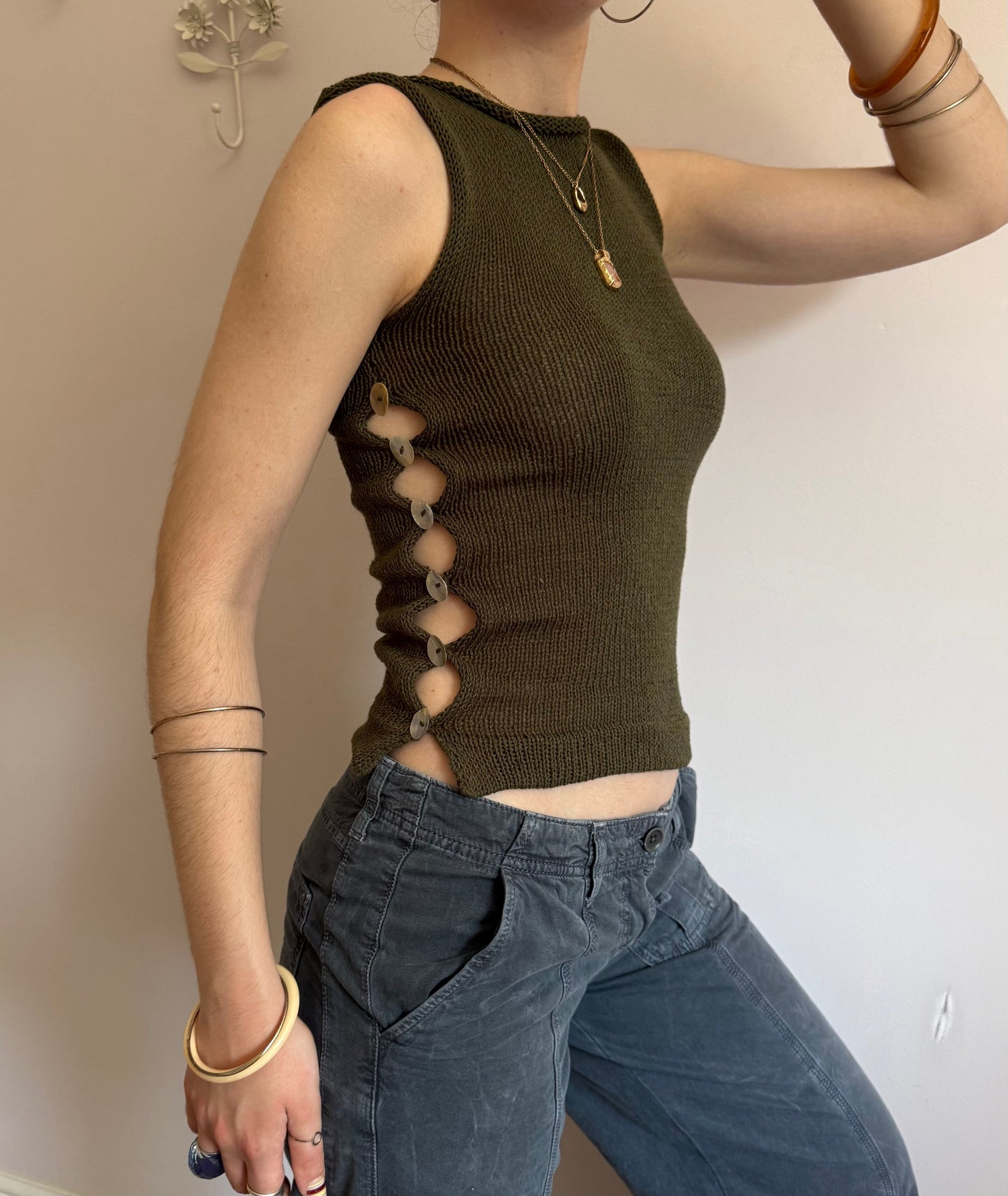 The Pearl Vest in khaki green - choose from 2 design options (pre-made with buttons on both sides in S)