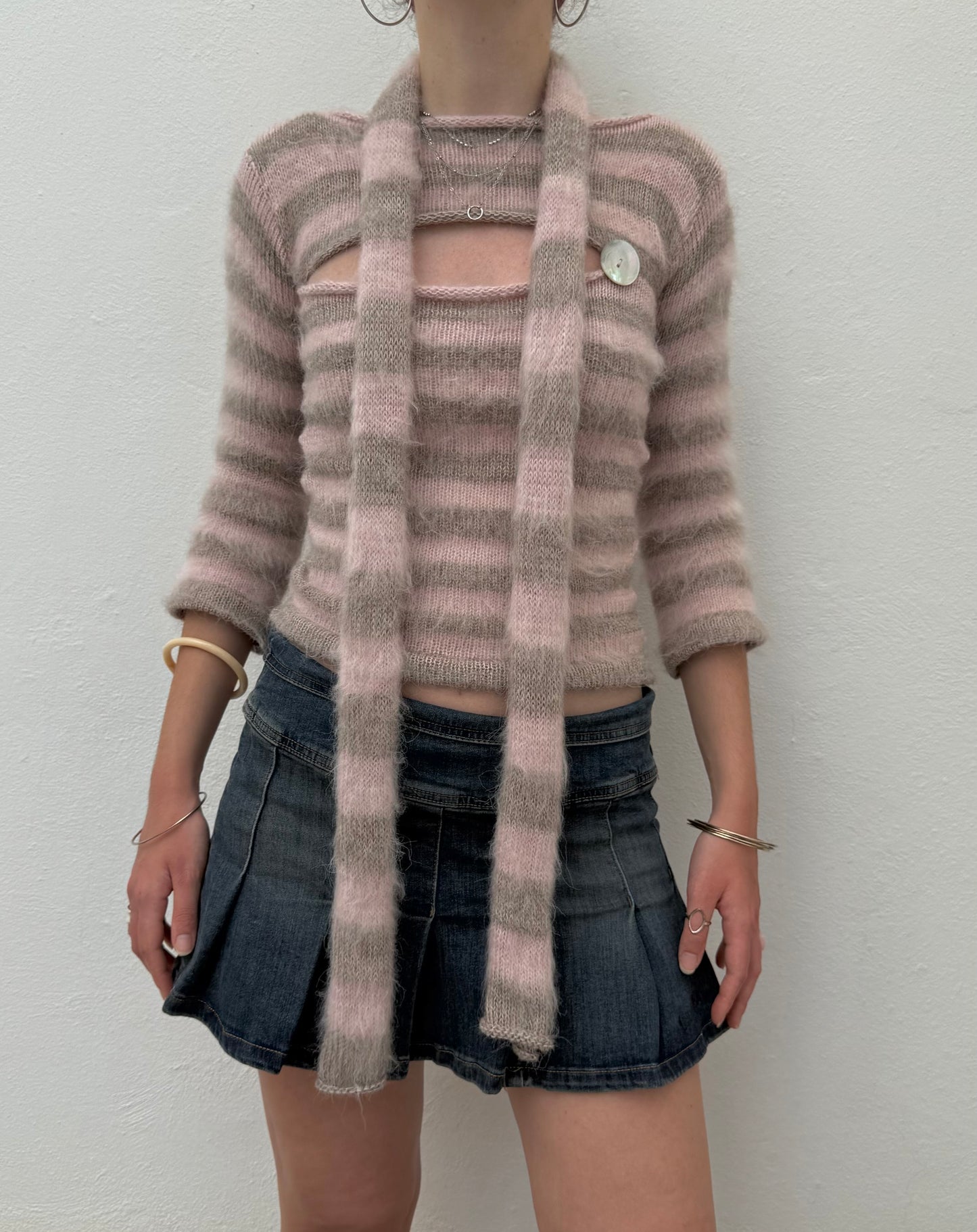 Fluffy striped knit skinny scarf in dusky pink & beige