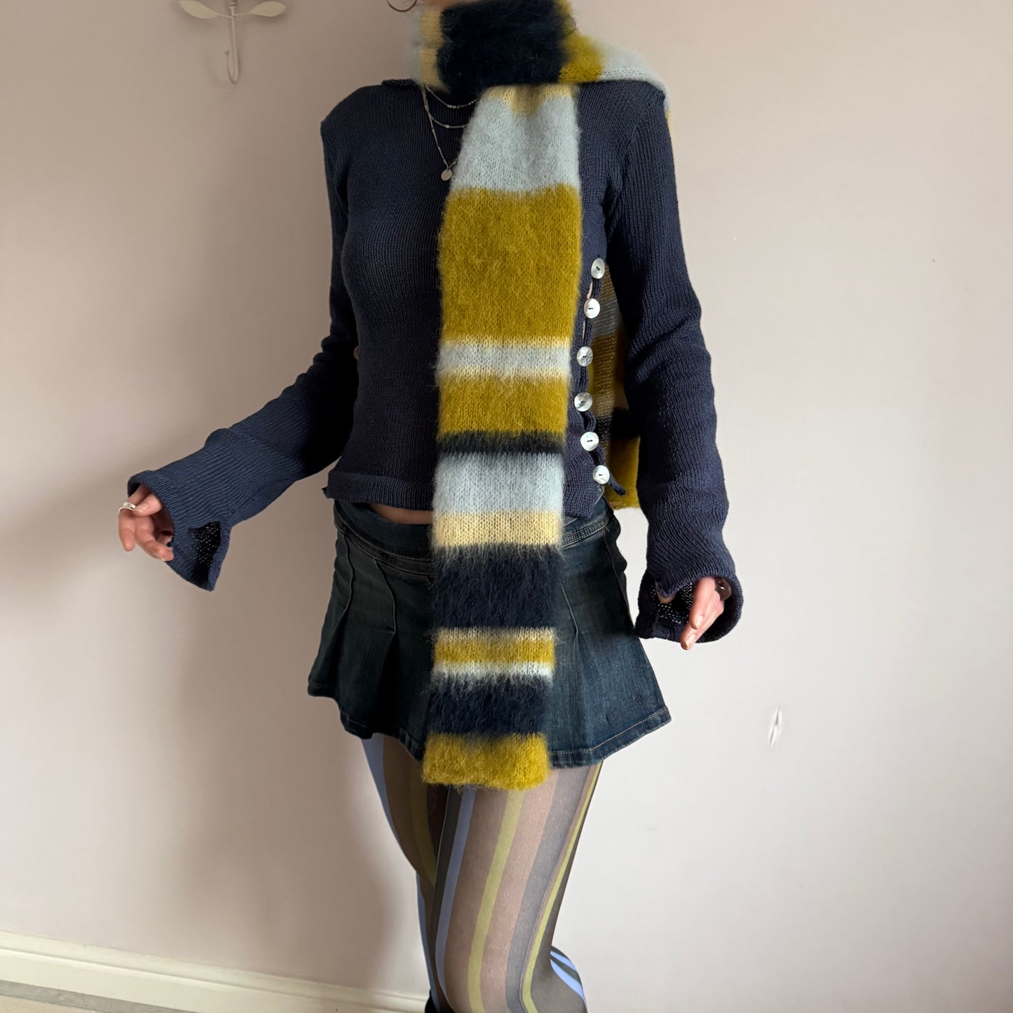 1 of 1 fluffy striped scarf - navy and chartreuse 🫐🍋‍🟩 pre made
