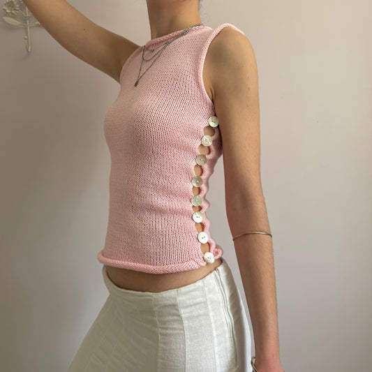 The Pearl Vest in baby pink - handmade knitted vest with mother of pearl buttons