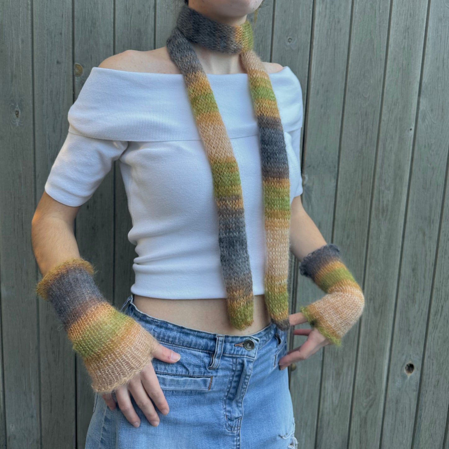 Handmade knitted mohair skinny scarf in ombré earth tones
