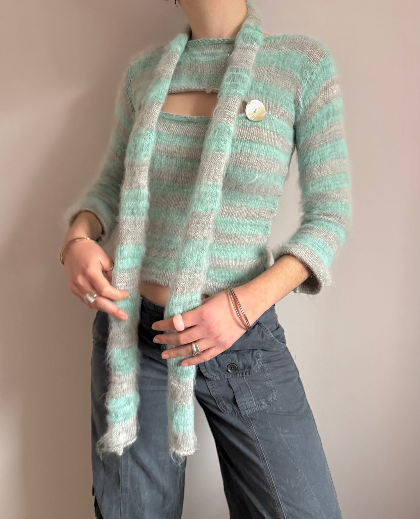 Fluffy striped knit skinny scarf in aqua & grey - pre made