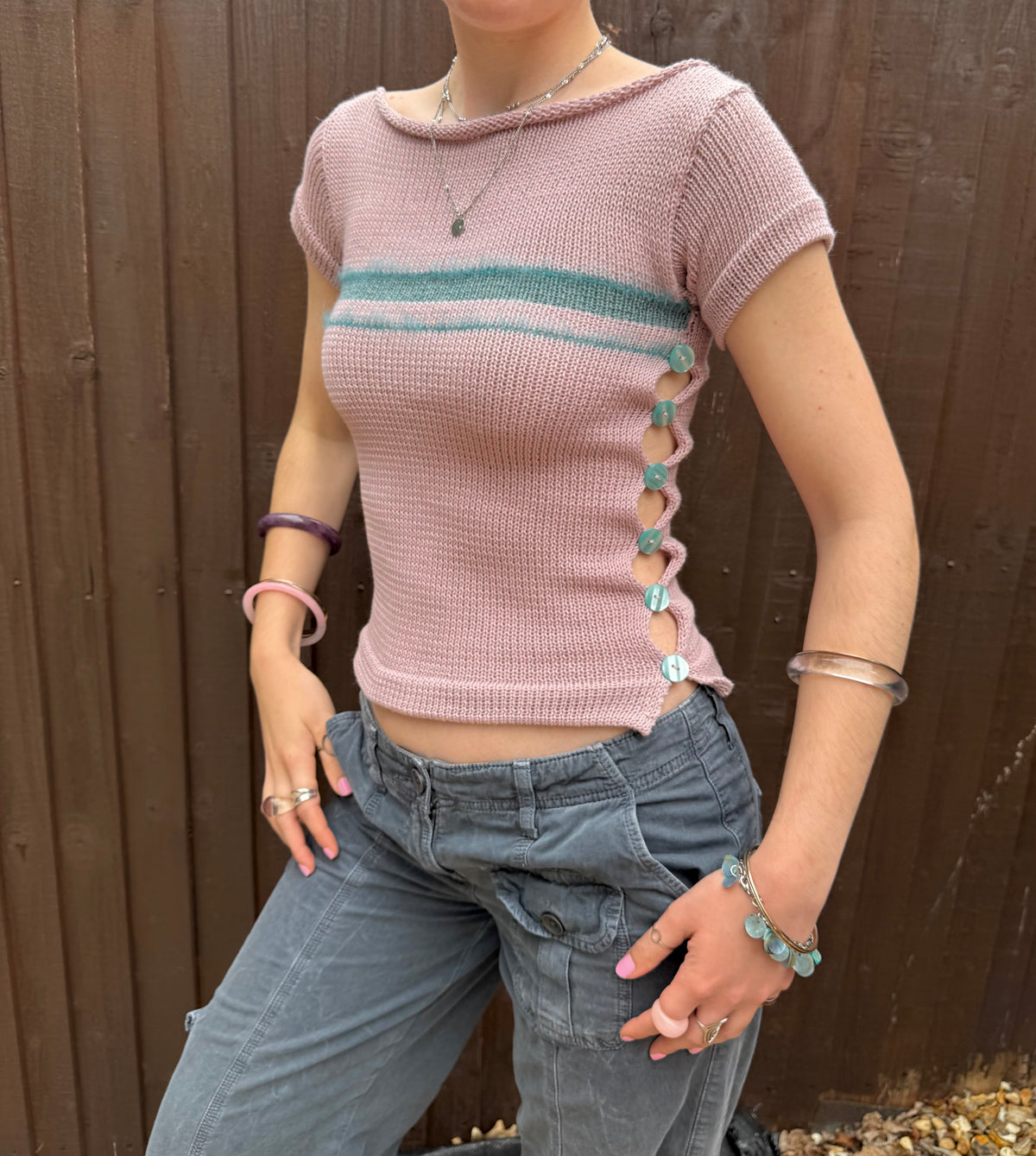 Pearl Tee in Dusky Pink & Teal (pre made in S)