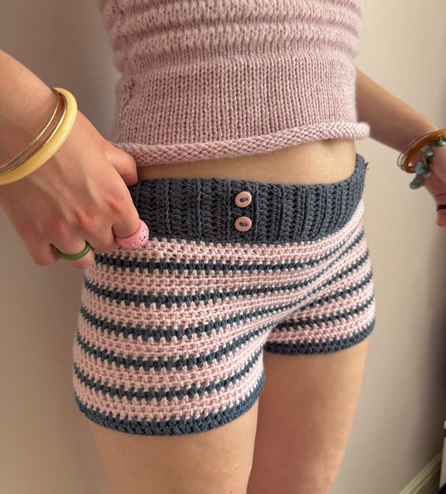 1 of 1 navy & baby pink striped crochet button shorts (pre made in size S)