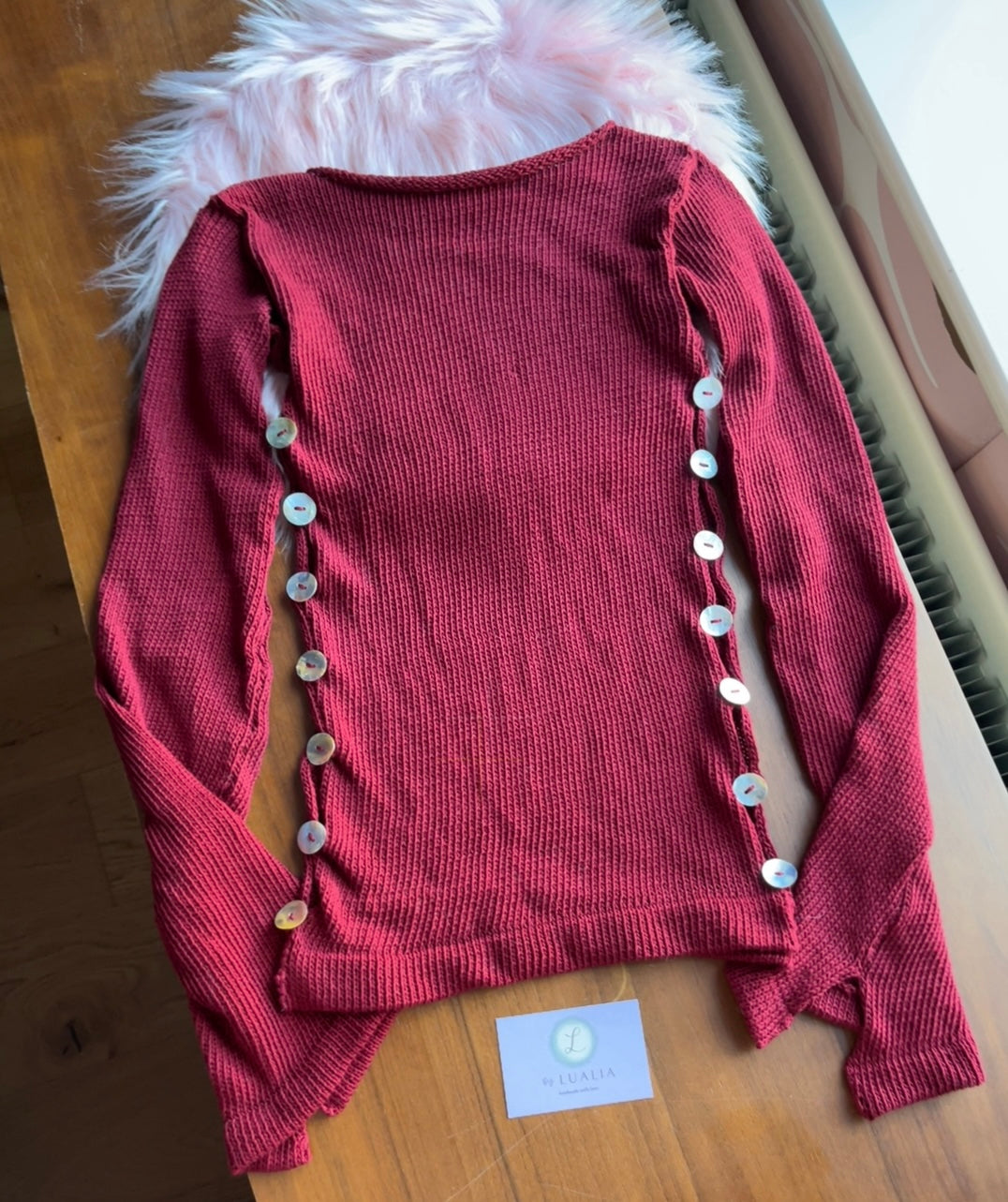 Pearl Long Sleeve in cherry red - handmade knit jumper with mother of pearl buttons