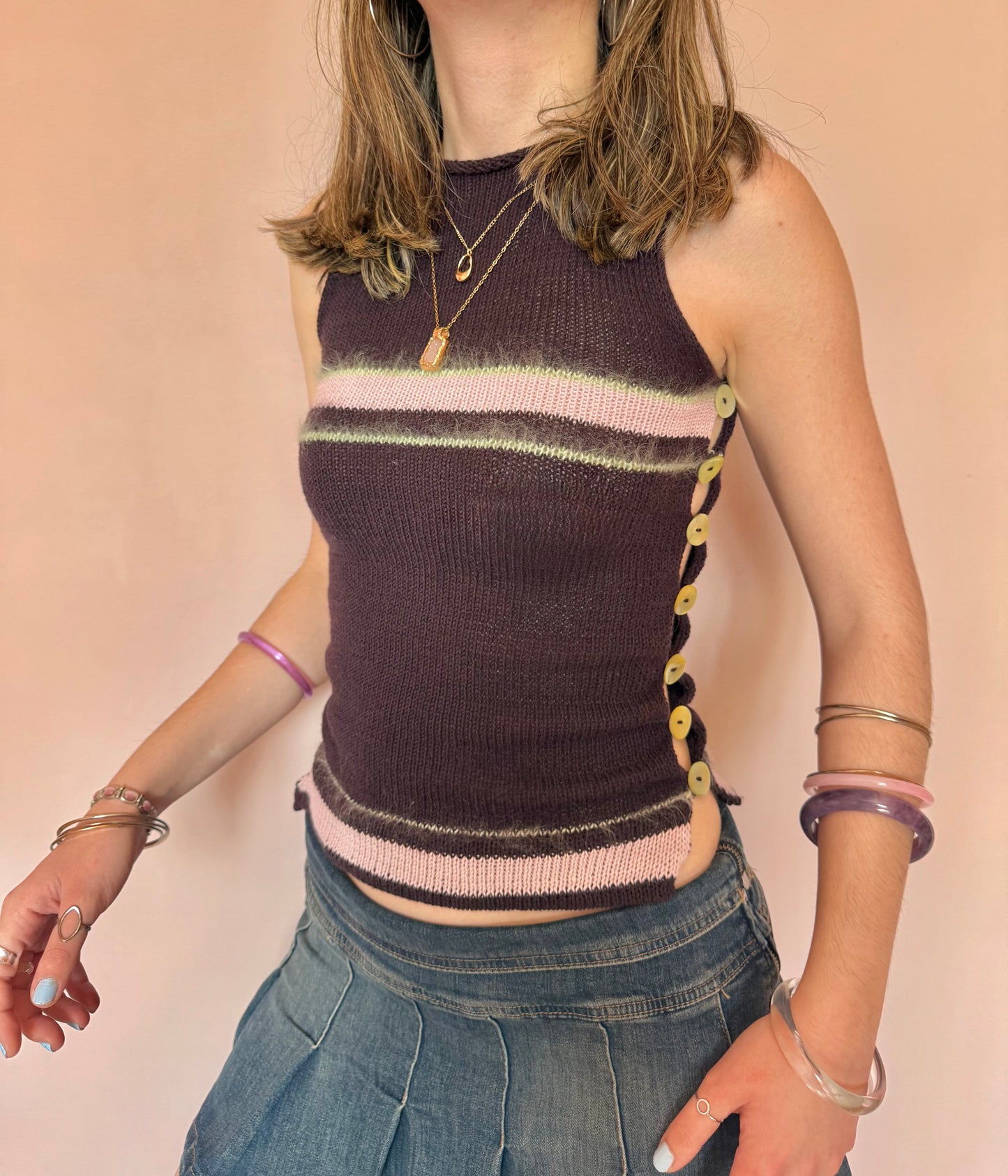 Striped Pearl Vest in plum purple with green mother of pearl buttons (pre made in S)