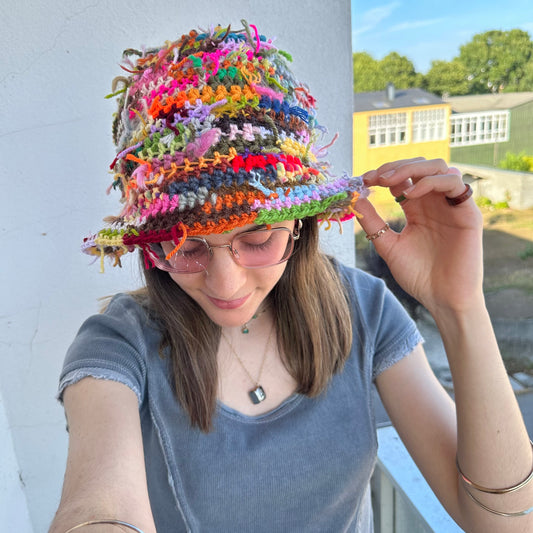 Handmade crochet bucket hat made from leftover scraps of yarn - 1 of 1