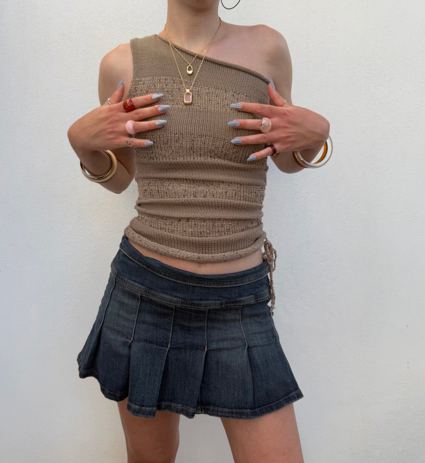 Handmade sparkly draped one shoulder knit top in gold (pre made in XS)