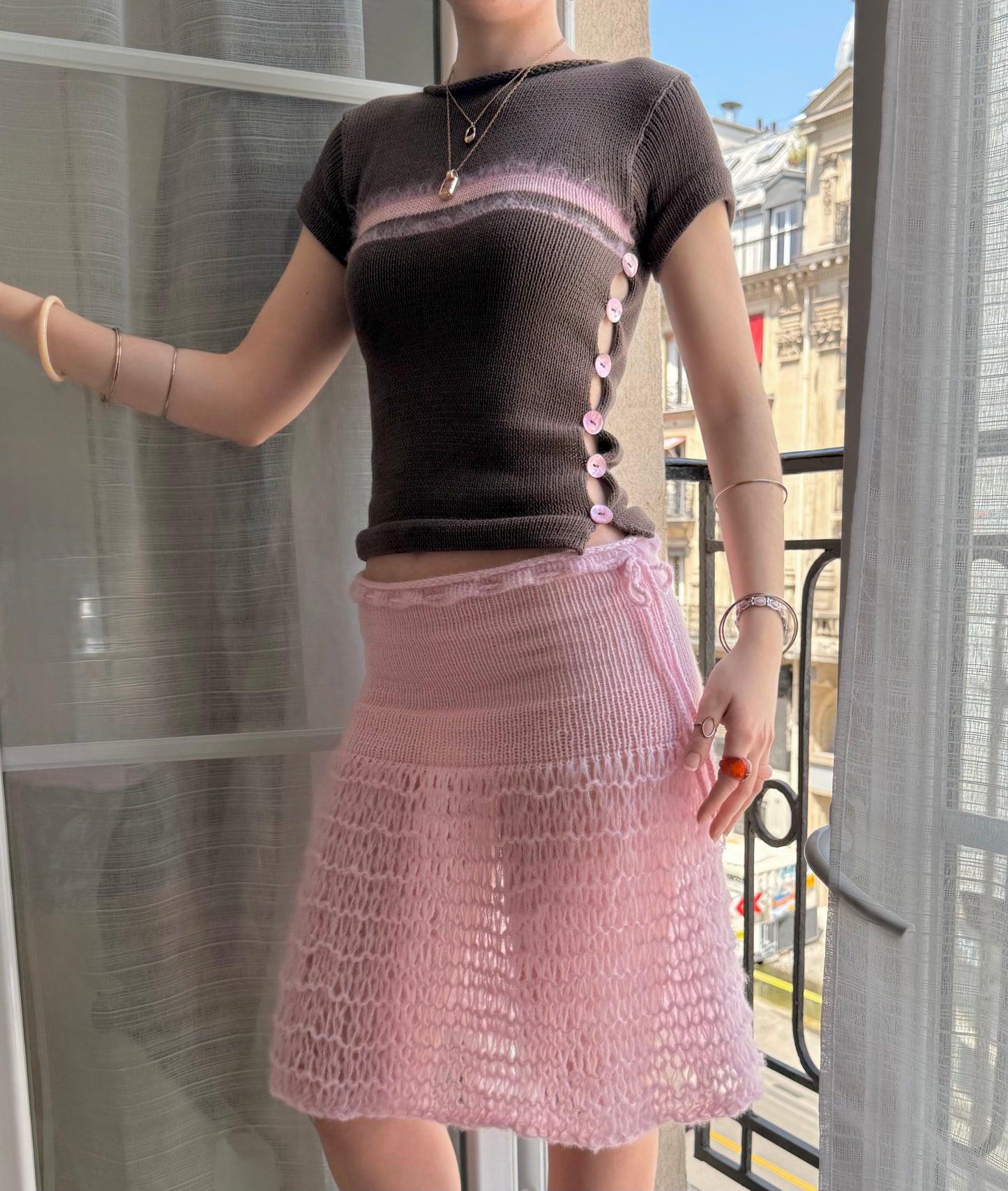 Pearl Tee in mocha - handmade striped knit tee with pink mother of pearl buttons