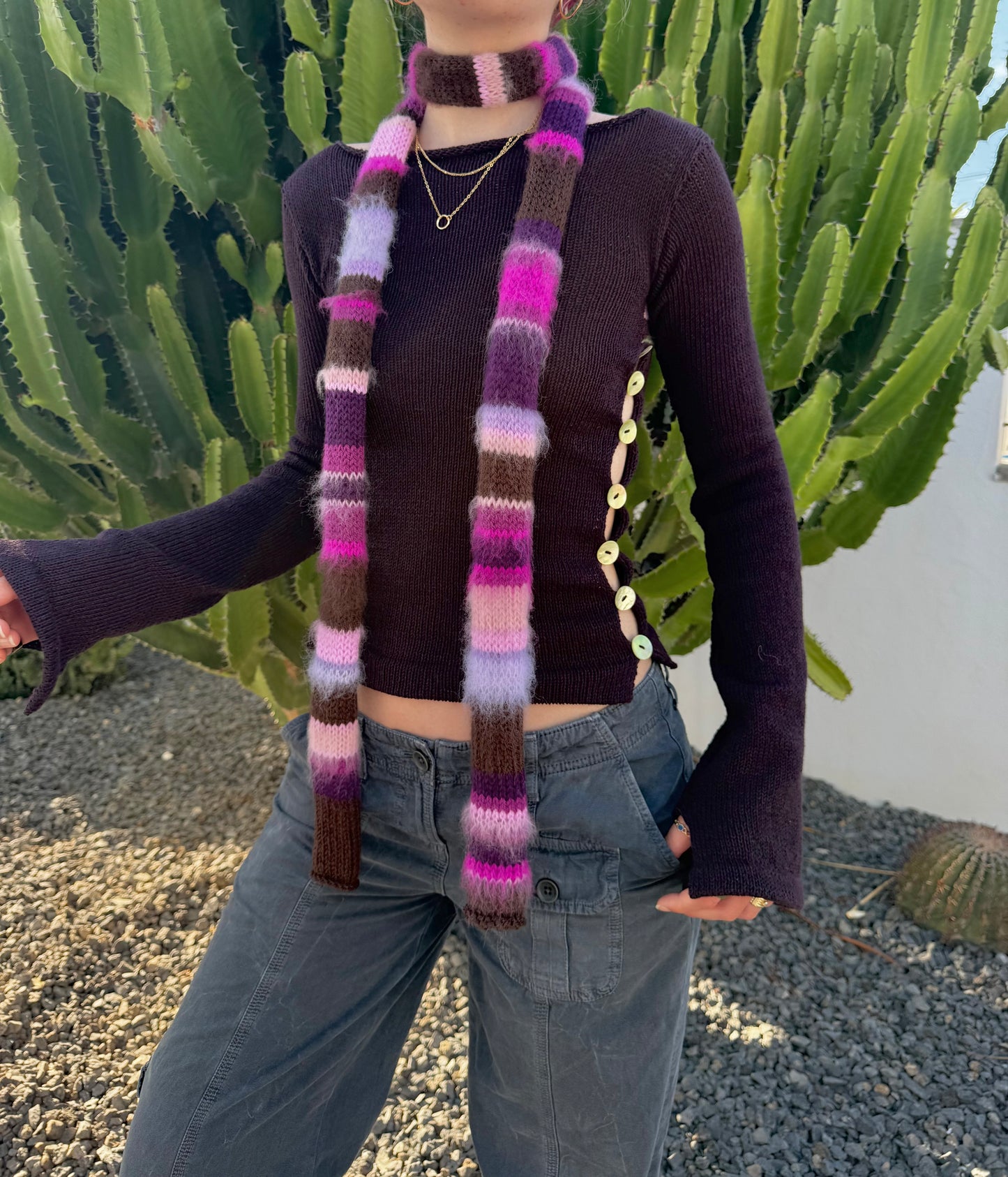 Purple, pink and brown handmade knitted mohair striped skinny scarf - pre made