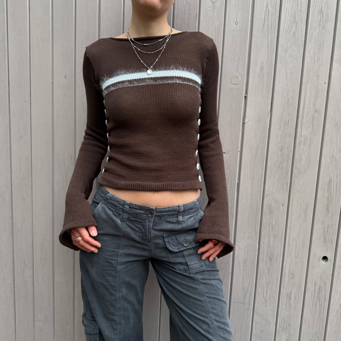 Pearl Long Sleeve in brown and blue - handmade striped knit jumper with buttons