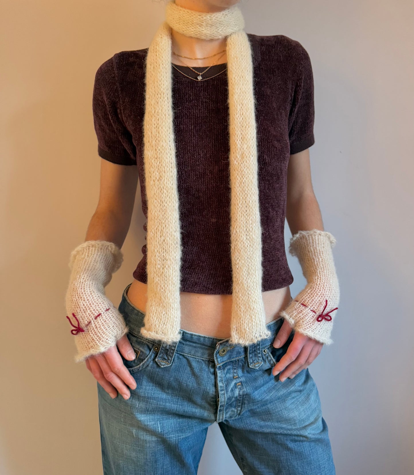 Handmade knitted mohair bow gloves in cream & red - with thumb hole