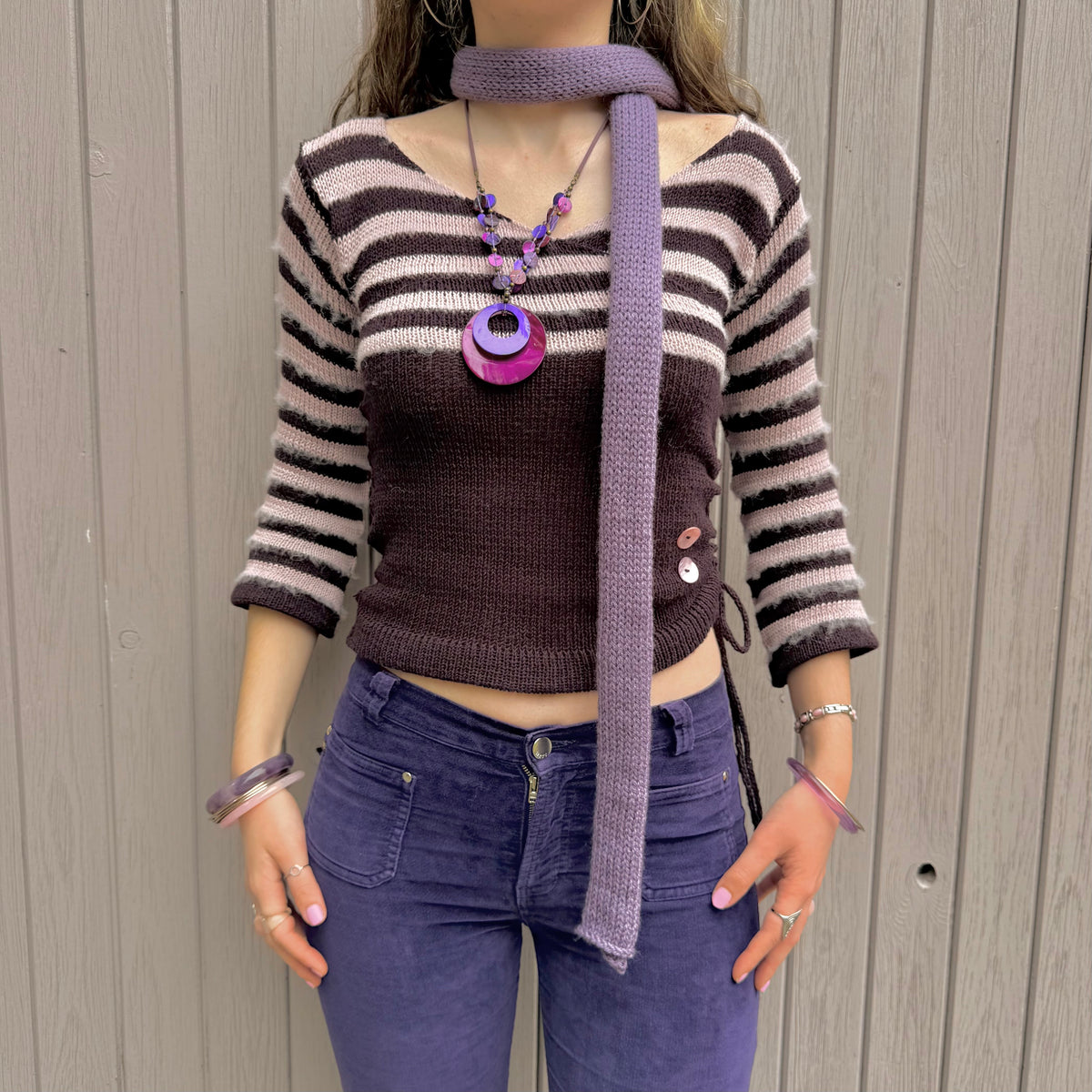 Handmade knitted skinny scarf in dusky purple